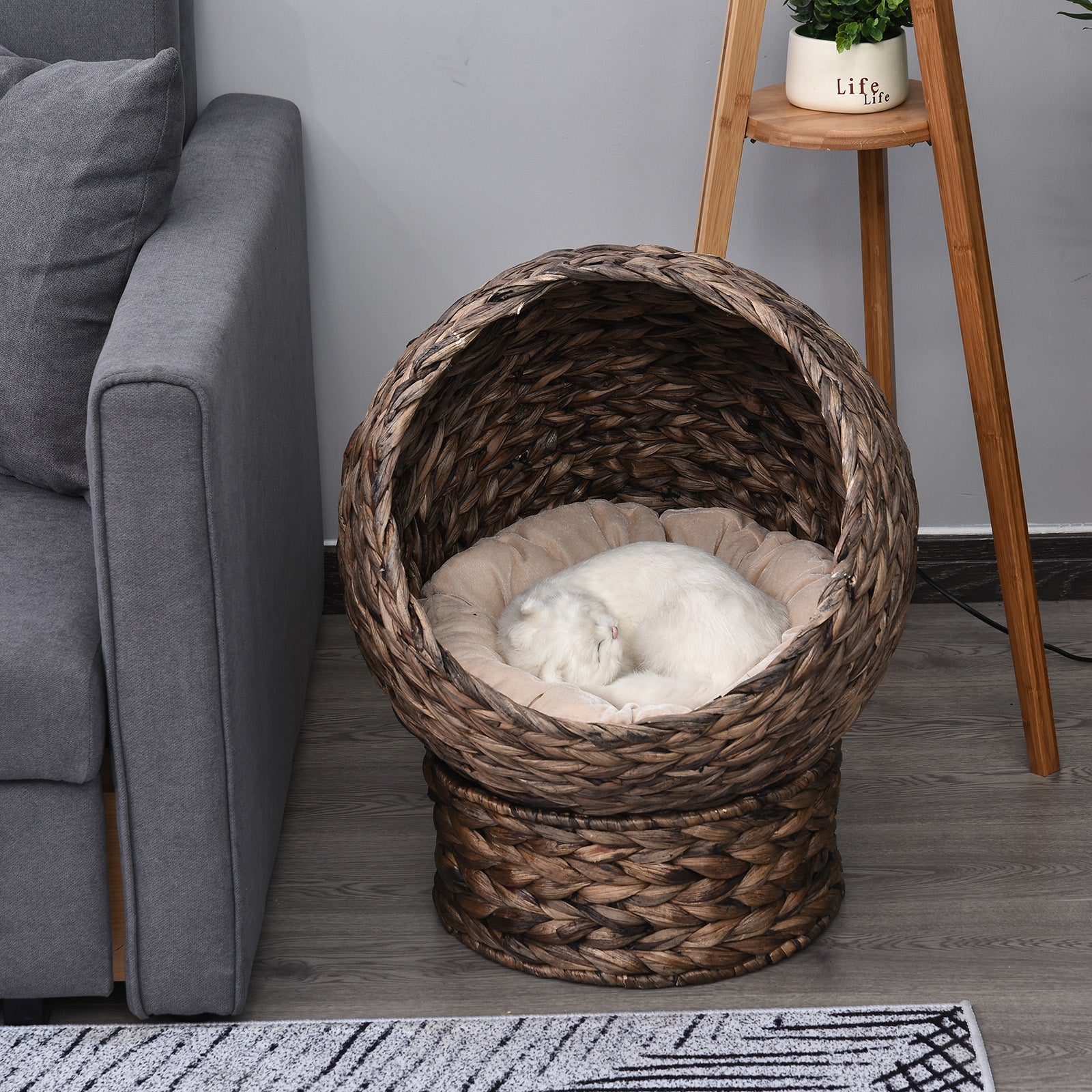 Handwoven Elevated Cat Bed with Rotating Basket and Soft Cushion, Wicker Cat Egg Chair with Stand, Brown - Dark Gray - Image 7