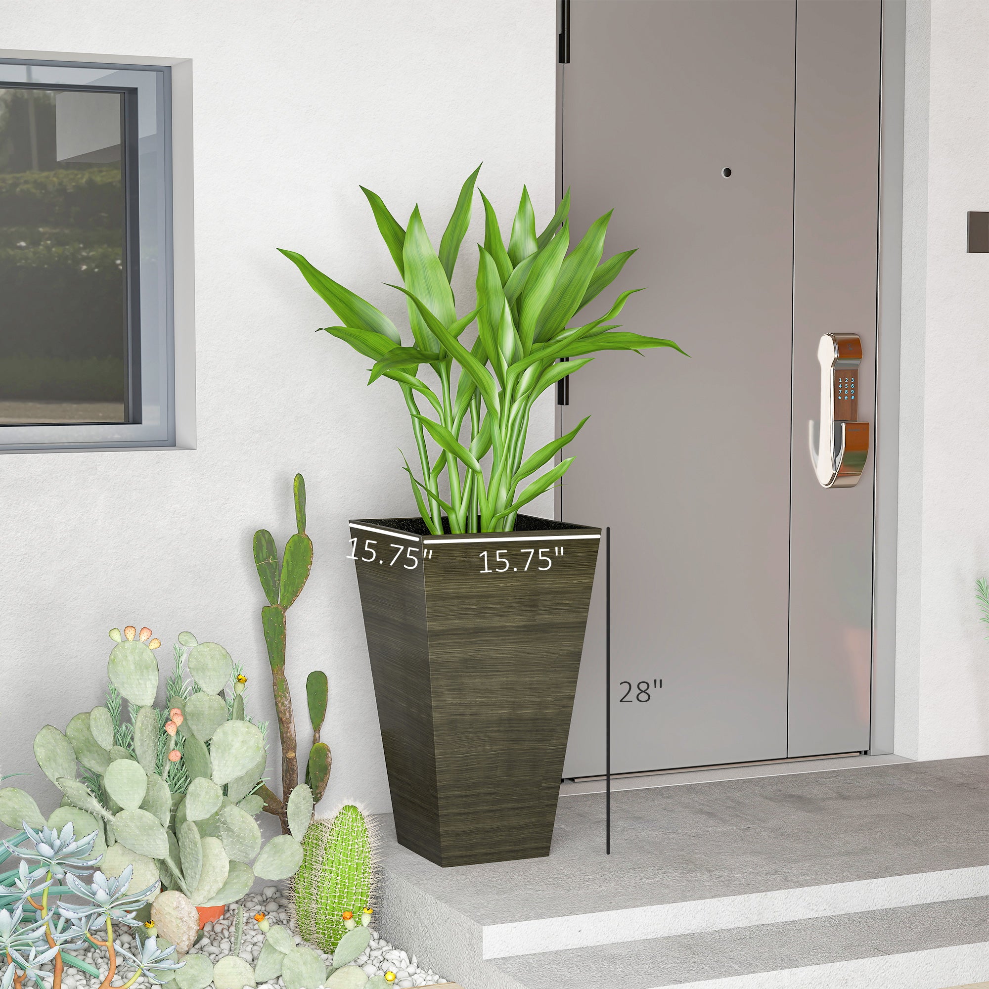 Set of 3 Tall Planters, 28" Outdoor Planter w/ Drainage Holes, Faux Wood Plastic Flower Pots, Dark Brown - Dark Brown - Image 3