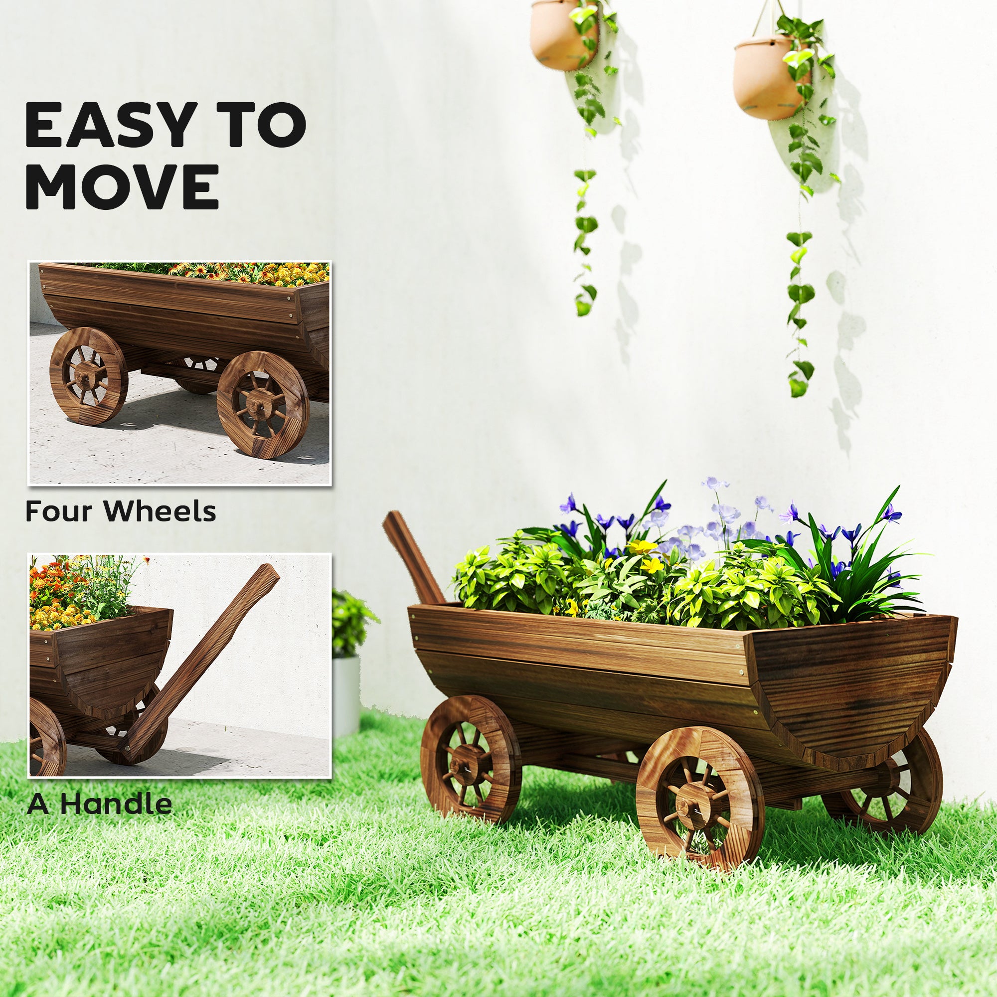 Wooden Wagon Planter Box, Mobile Garden Planter with 4 Wheels, Small Wheelbarrow Wagon Flower Cart with Drainage Hole - Carbonized - Image 6