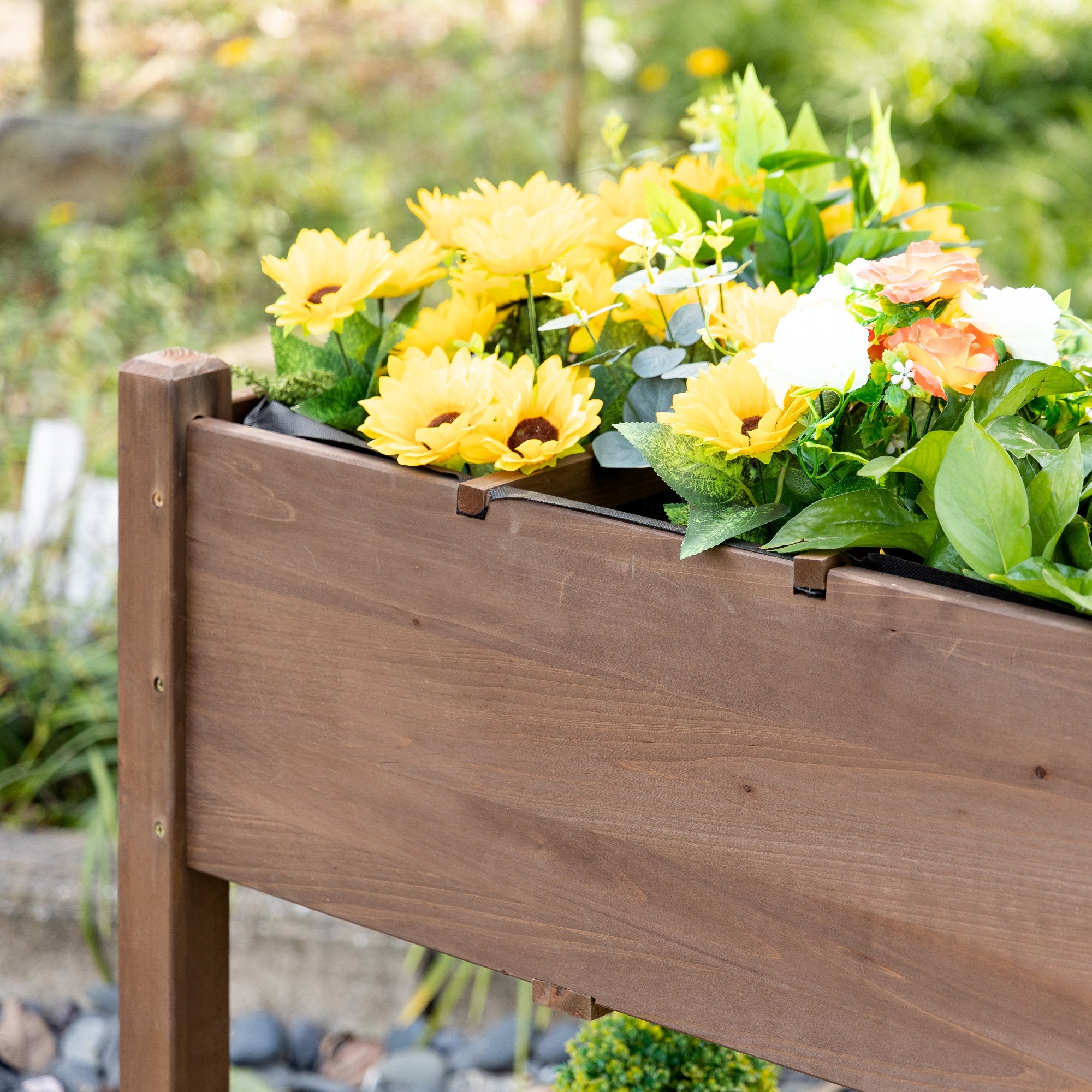 Wooden Garden Box, 34.25H with 8 Pockets and Lockable Wheels, Foldable Side Clapboard, Elevated and Self-Draining Design, to Grow Herbs, Vegetables, and Flowers, Brown - Brown - Image 8