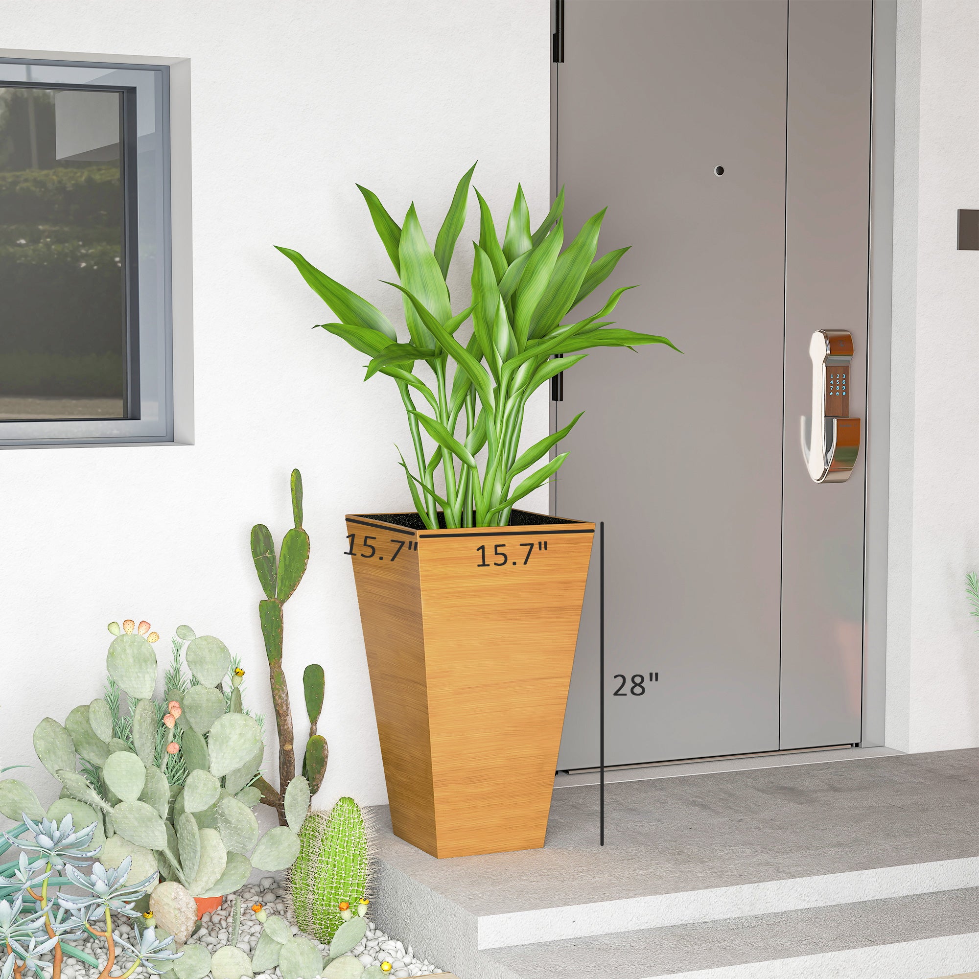 Set of 3 Tall Planters, 28" Outdoor Planter w/ Drainage Holes, Faux Wood Plastic Flower Pots, Light Brown - Brown - Image 3