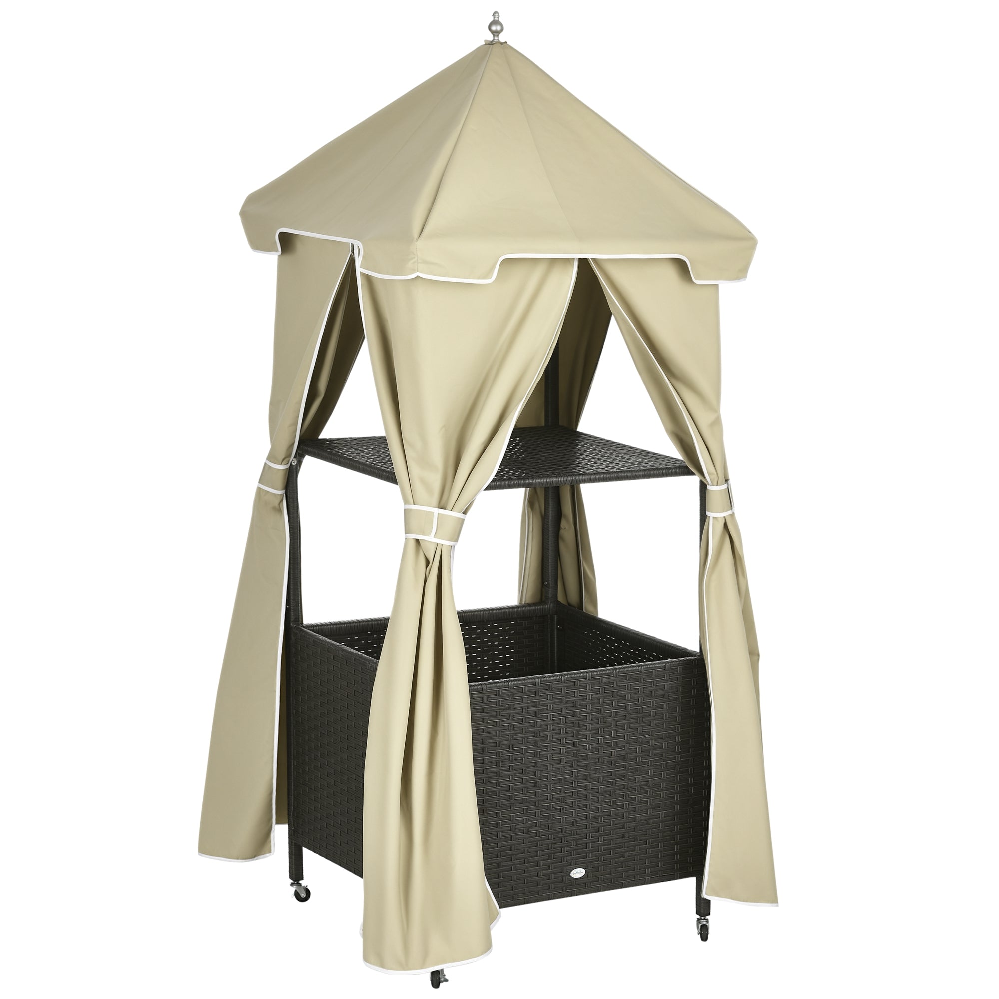 Outdoor Towel Valet Caddy, Covered Poolside Towel Holder Rack, Shelf, Basket, Rolling PE Rattan Wicker Storage on Wheels, Beige - Beige