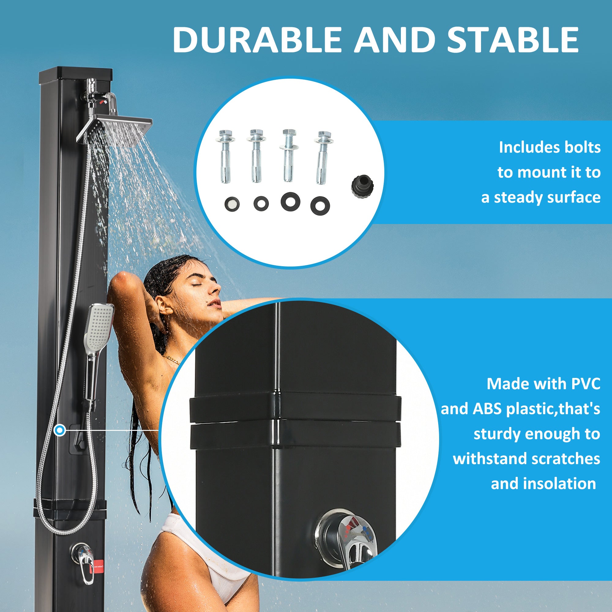 10.6 Gallons Solar Heated Shower with 360 Rotating Rainfall, Handheld Shower Head, Temperature Adjustment & Foot Shower, 2-Section Outdoor Shower for Backyard Poolside Beach Pool Spa, 7ft