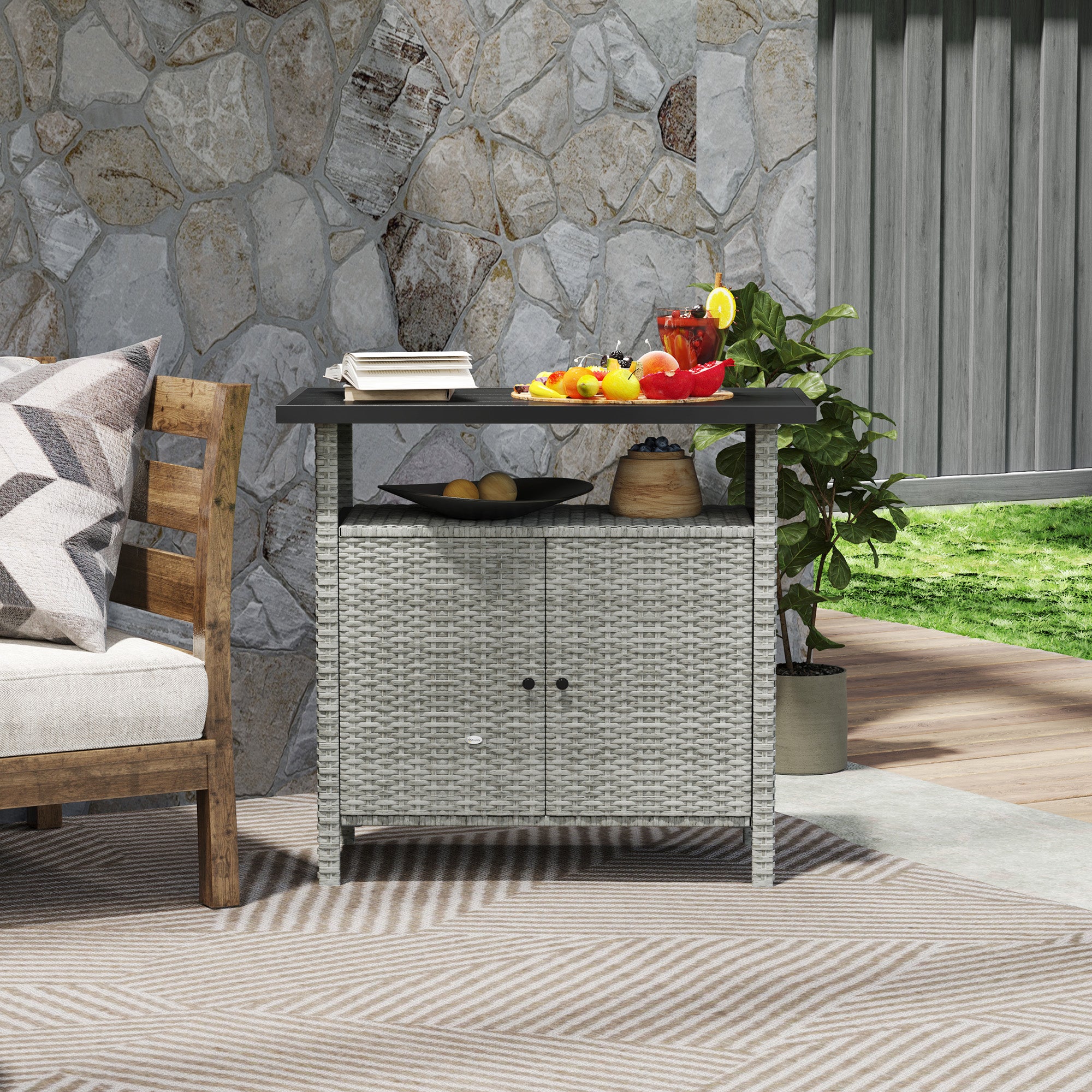 Wicker Outdoor Storage Cabinet with Two Doors and Shelf for Outdoor Pool Towel Storage, Gray - Gray - Image 8