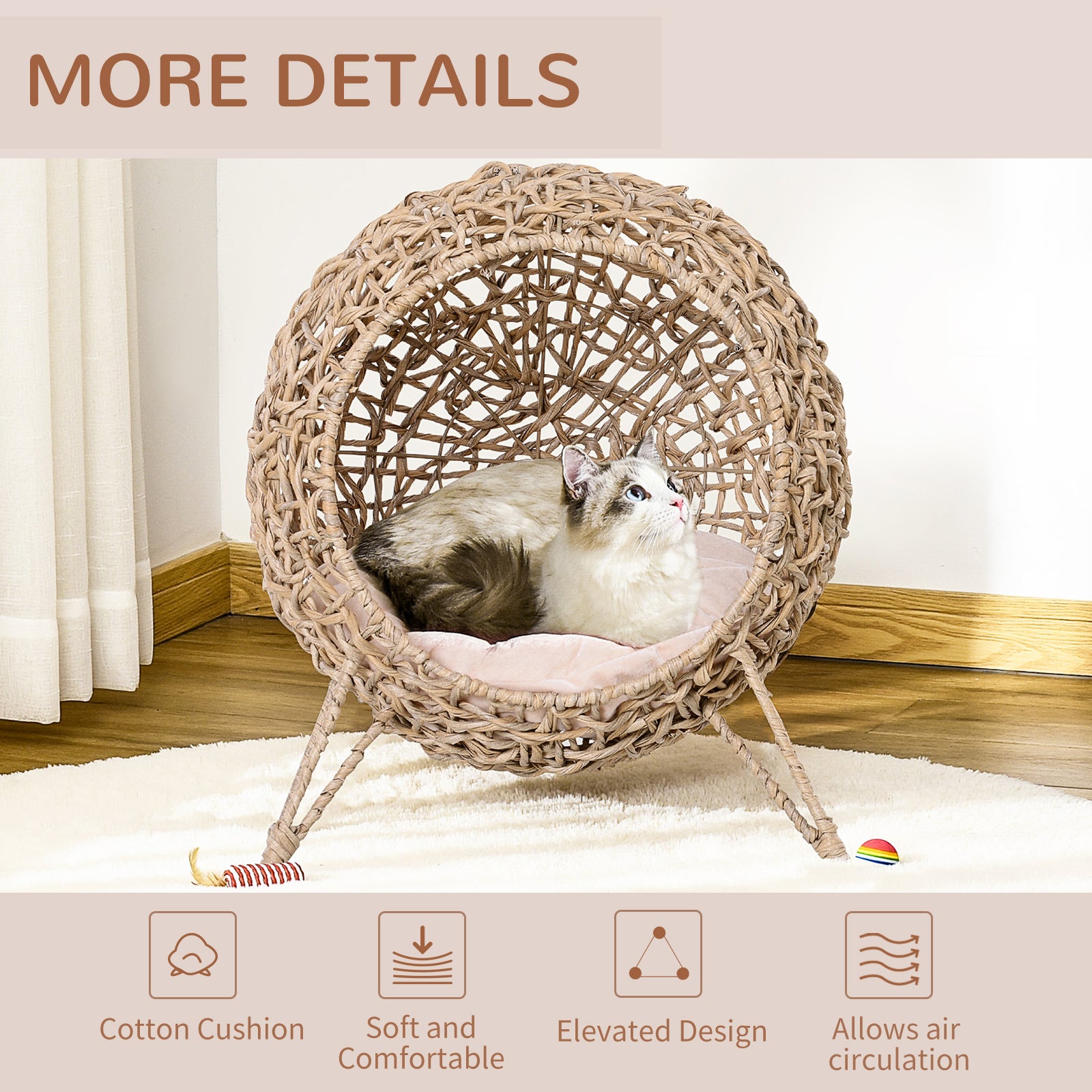 20.5" Weaved Cat Bed, Elevated Hand-woven Braided Banana Leaf Kitten House Condo with Cushion, Beige - Beige - Image 6