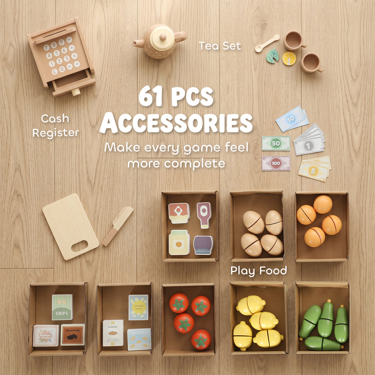 Wooden Grocery Store Playset Pretend Play with Play Food, Cash Register, Chalkboard, 61 Accessories for Boys & Girls 3-8
