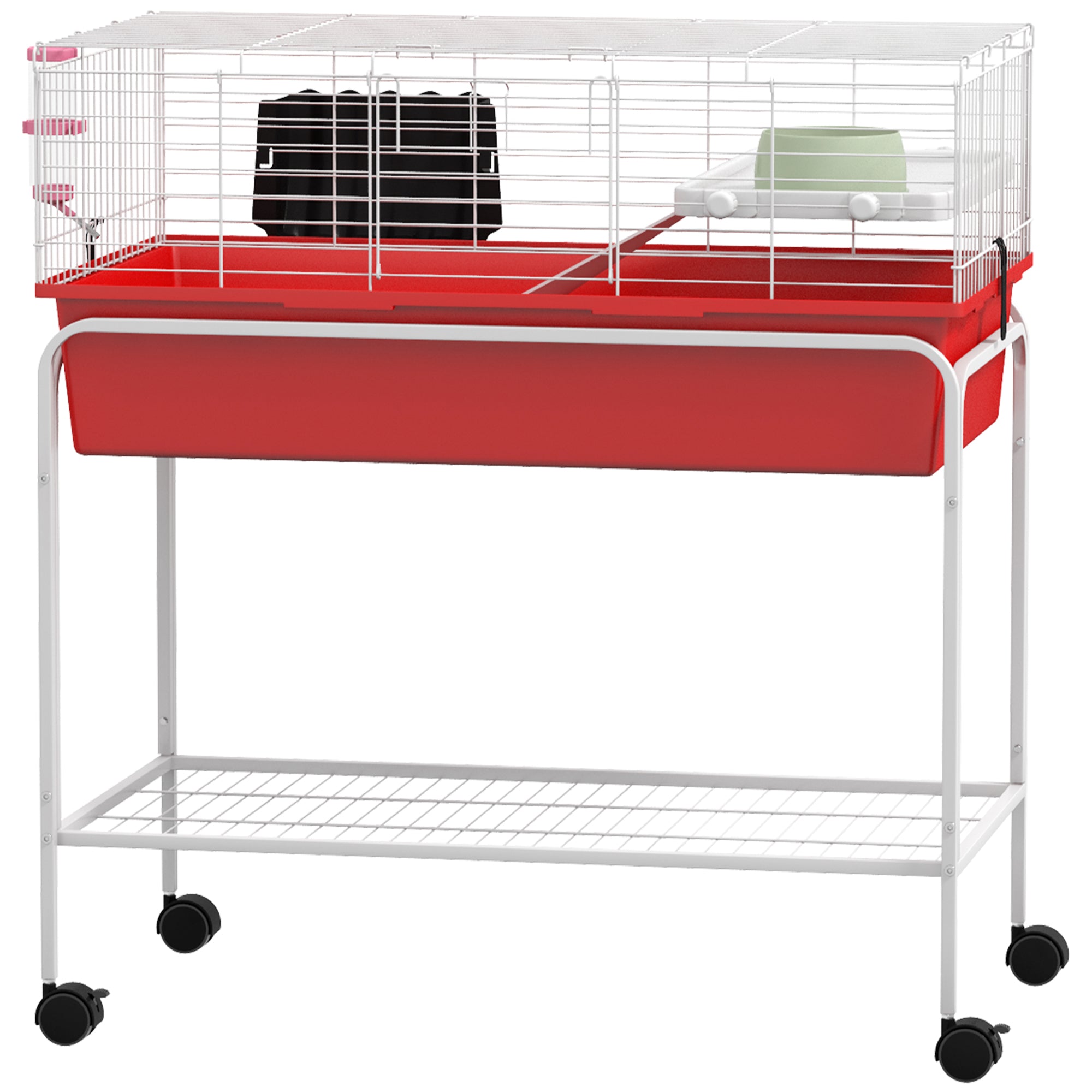 Two-Story Small Animal Cage Removable from Stand, Pet Habitat with Shelf & Wheels, 33" x 18.5" x 35", Red - Red