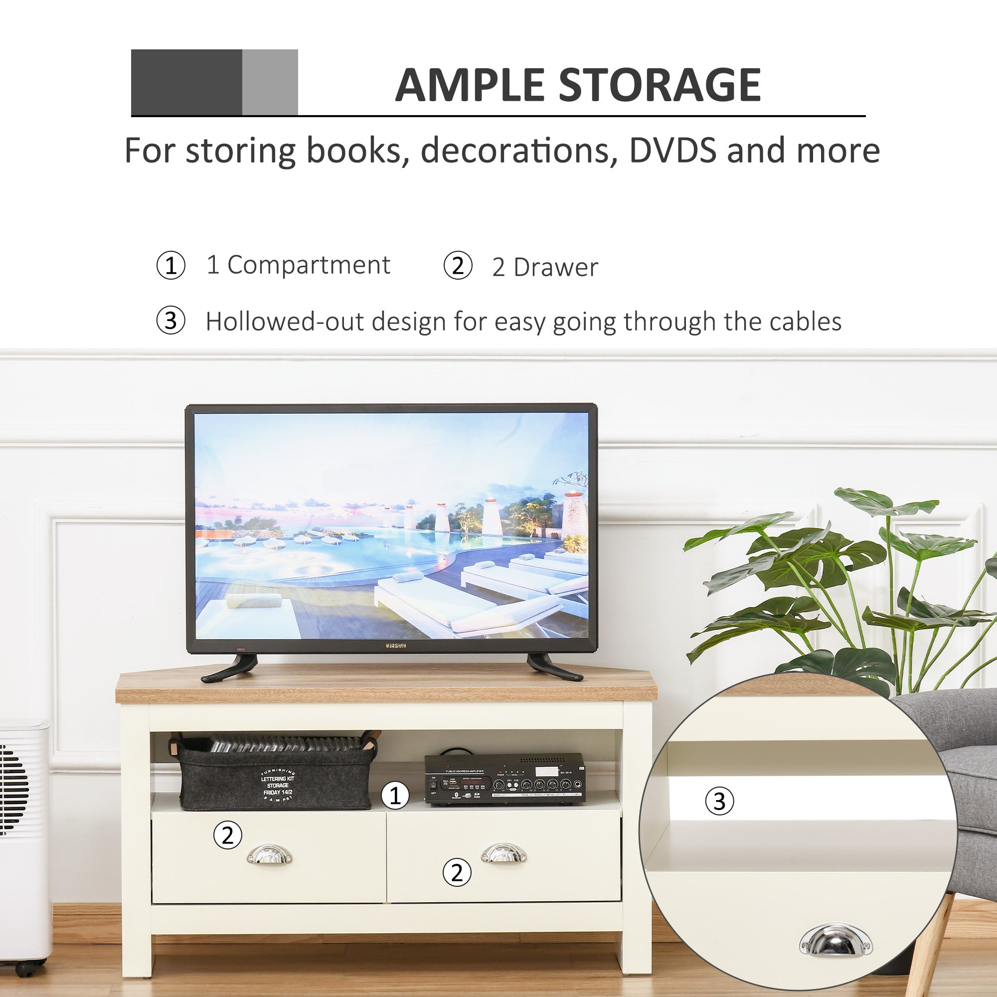 Entertainment Center TV Console Table, Corner TV Stand Up To 50" with Drawers and Open Storage Compartmen, White