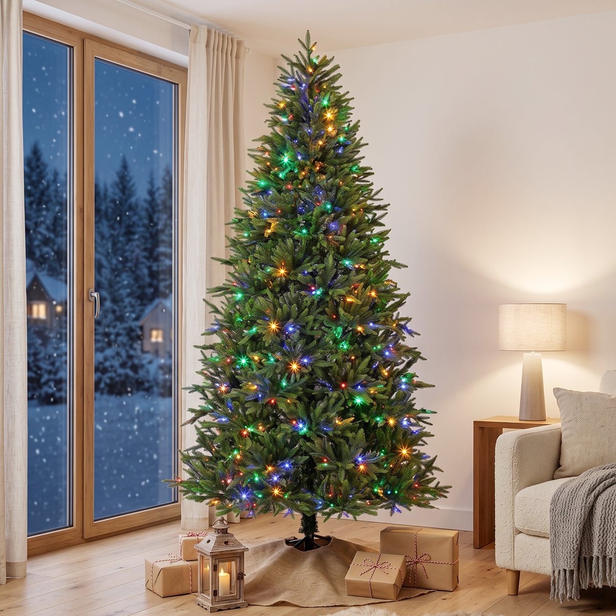 7.5ft Prelit Christmas Tree with Dual-Color LEDs, All Realistic Tips, Hinged Xmas Nordmann Fir with 11 Modes, Remote