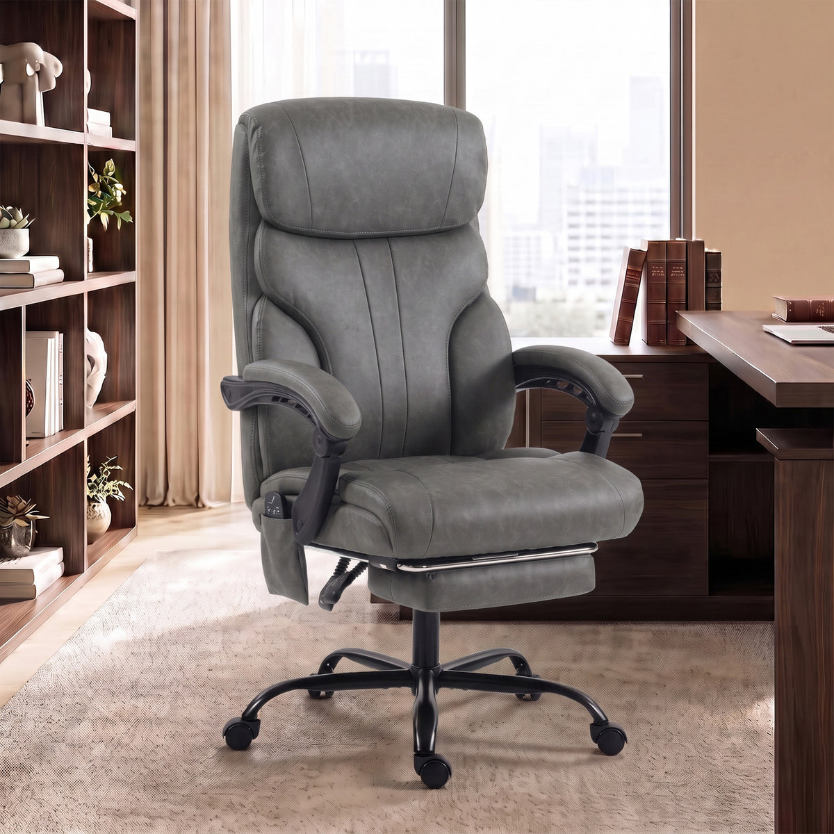 Massage Office Chair Vibration Computer Chair Heated Reclining PU Leather Footrest Height Adjustable Gray