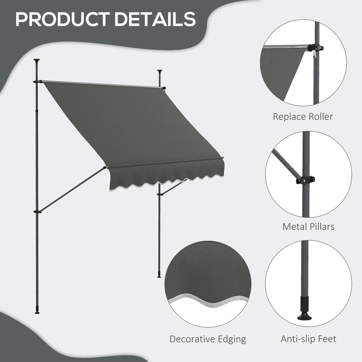 8' x 4' Manual Retractable Awning, Non-Screw Patio Awning, UV Resistant for Window or Door, Dark Gray