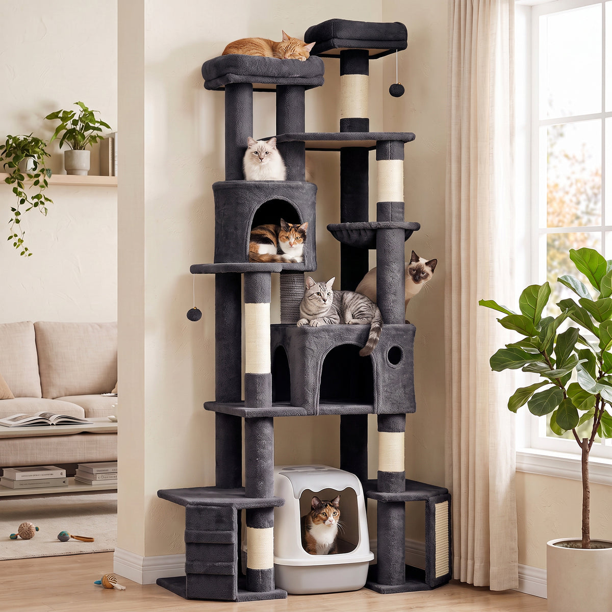 79" Extra Large Cat Tree Tower with Dual Baseboard for Large Adult Big Cats, Dark Gray