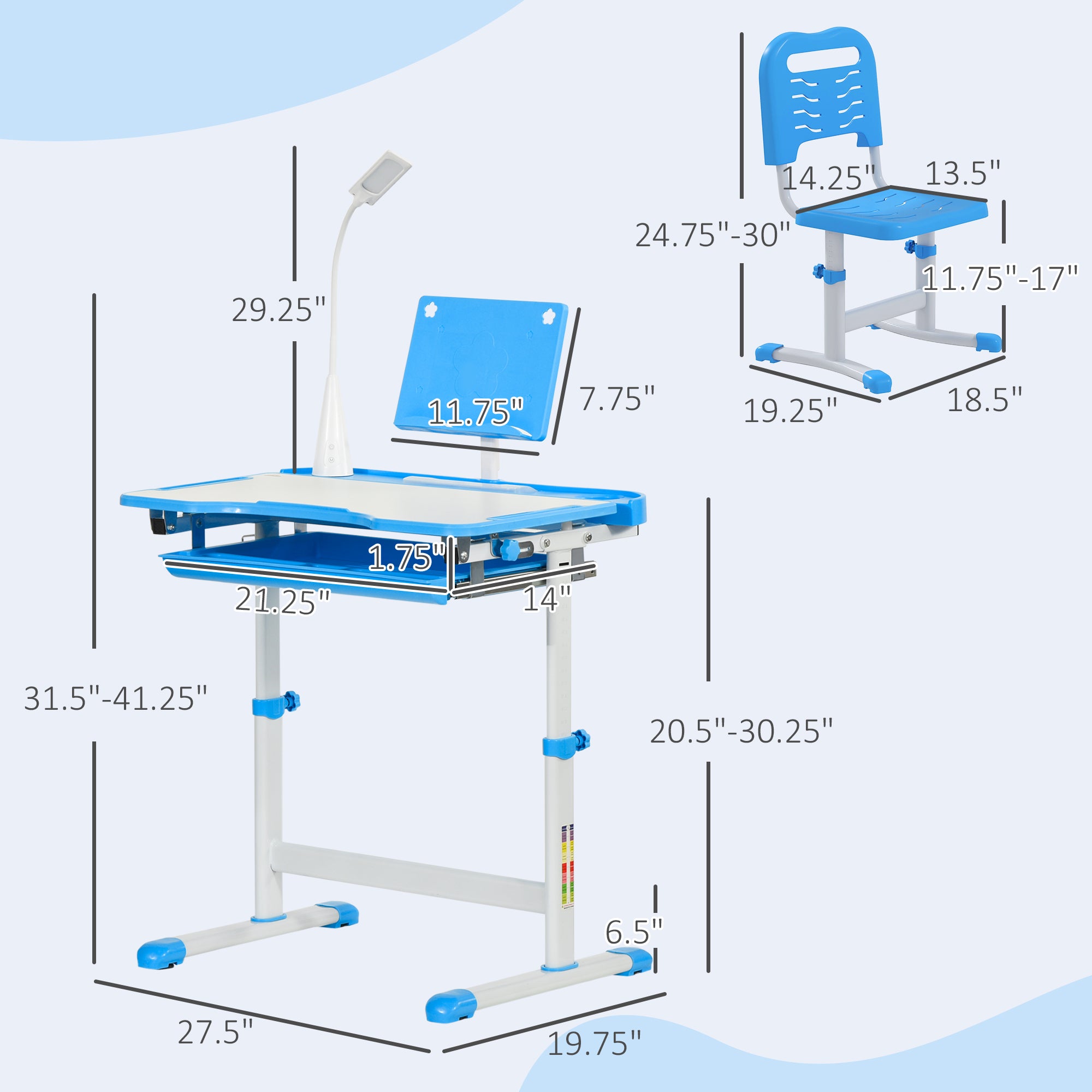 Kids Desk and Chair Set with USB Light, Storage Drawer, Blue