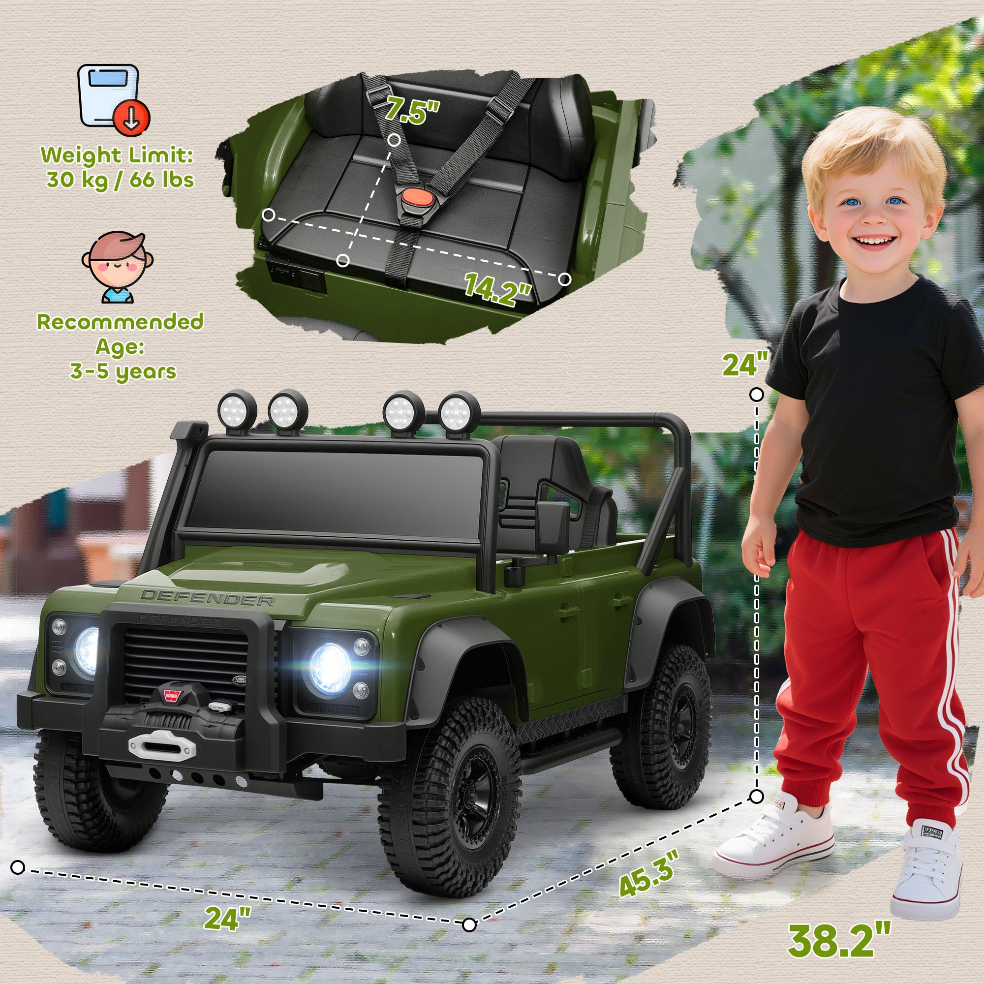 Land Rover Licensed Electric Car for Kids with Remote Control, Dual Motors, Spring Suspension, LED Lights, Dark Green