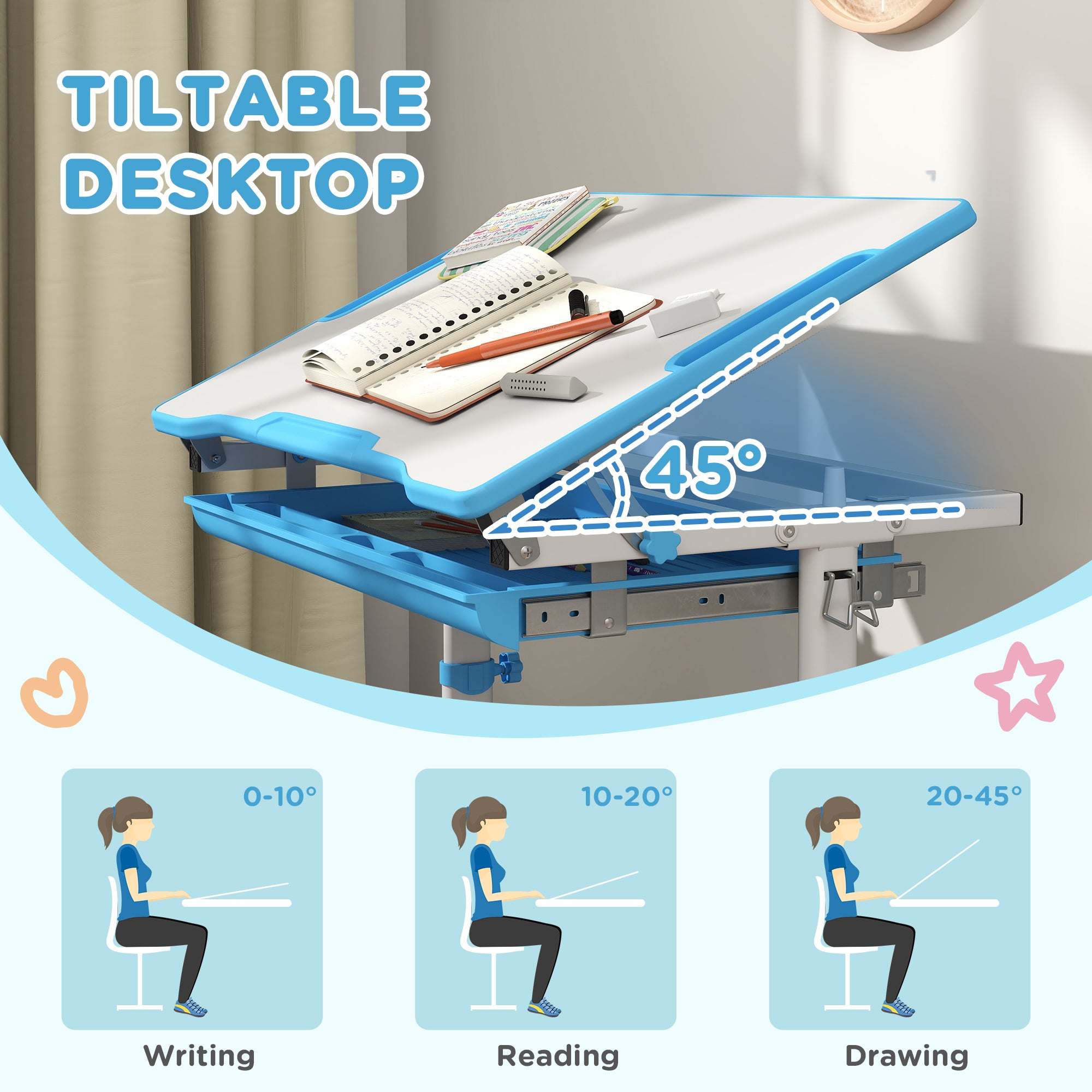 Height Adjustable Kids Desk and Chairs Set with Tilt Desktop, Storage Drawer, Pen Slot, Hook, Blue