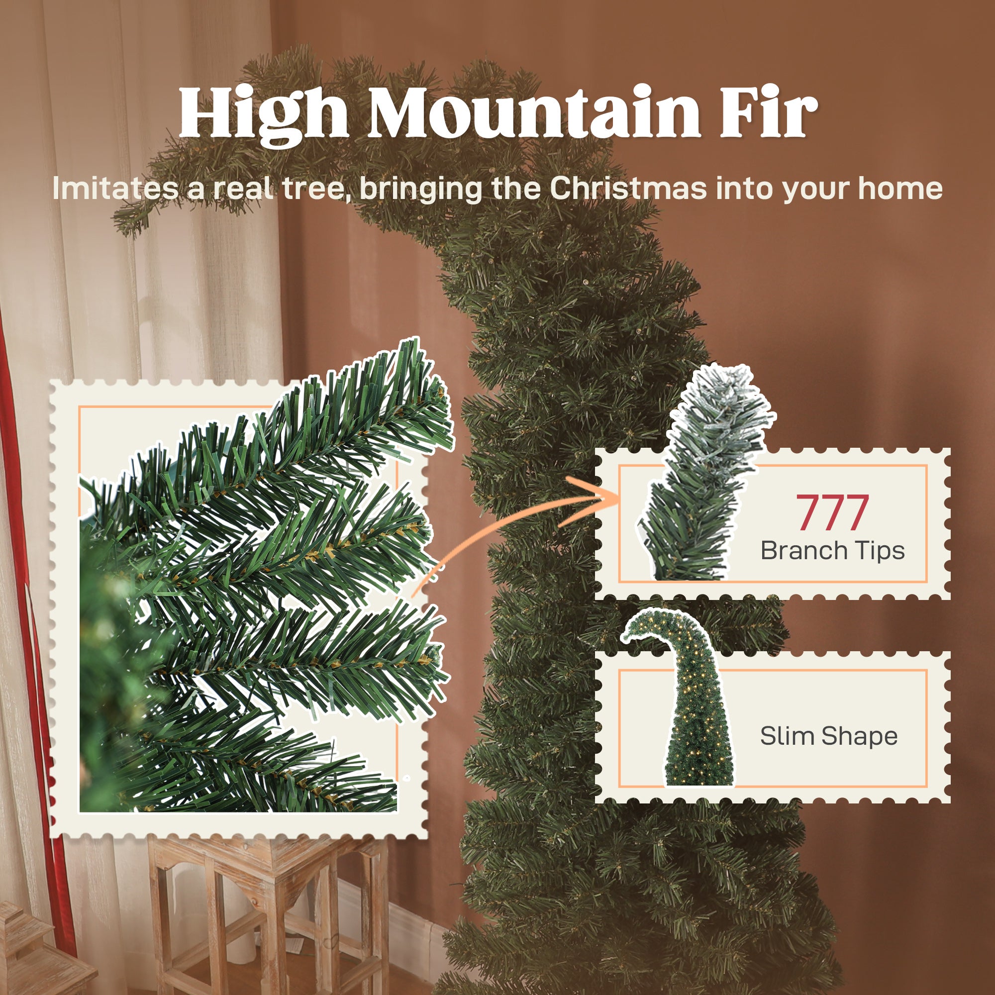 7 ft Prelit Christmas Tree, Whimsical Xmas Tree Slim High Mountain Fir with 300 LEDs and Metal Stand, Green