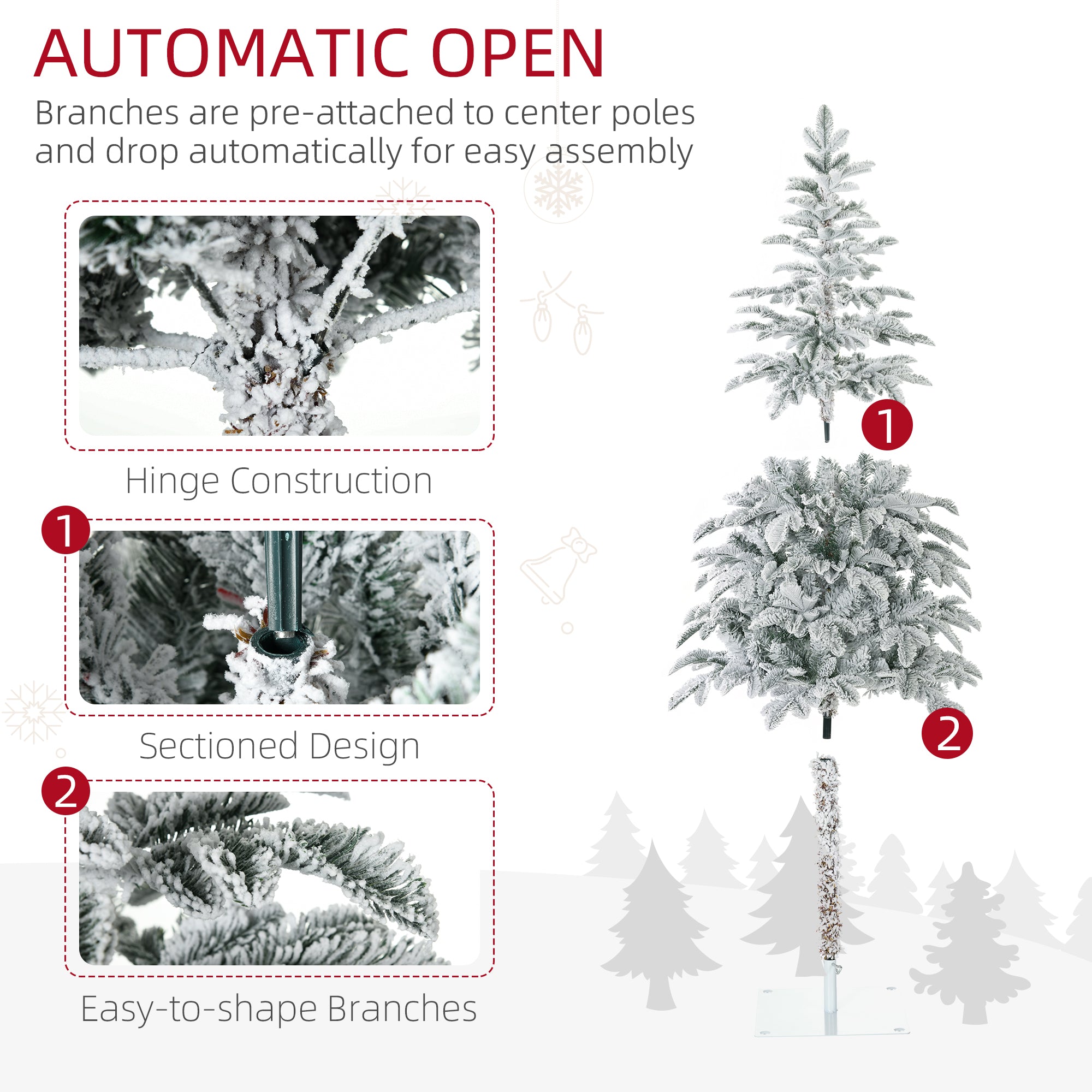 6' Artificial Flocked Christmas Trees, with Snow Frosted Branches, Auto Open, Steel Base