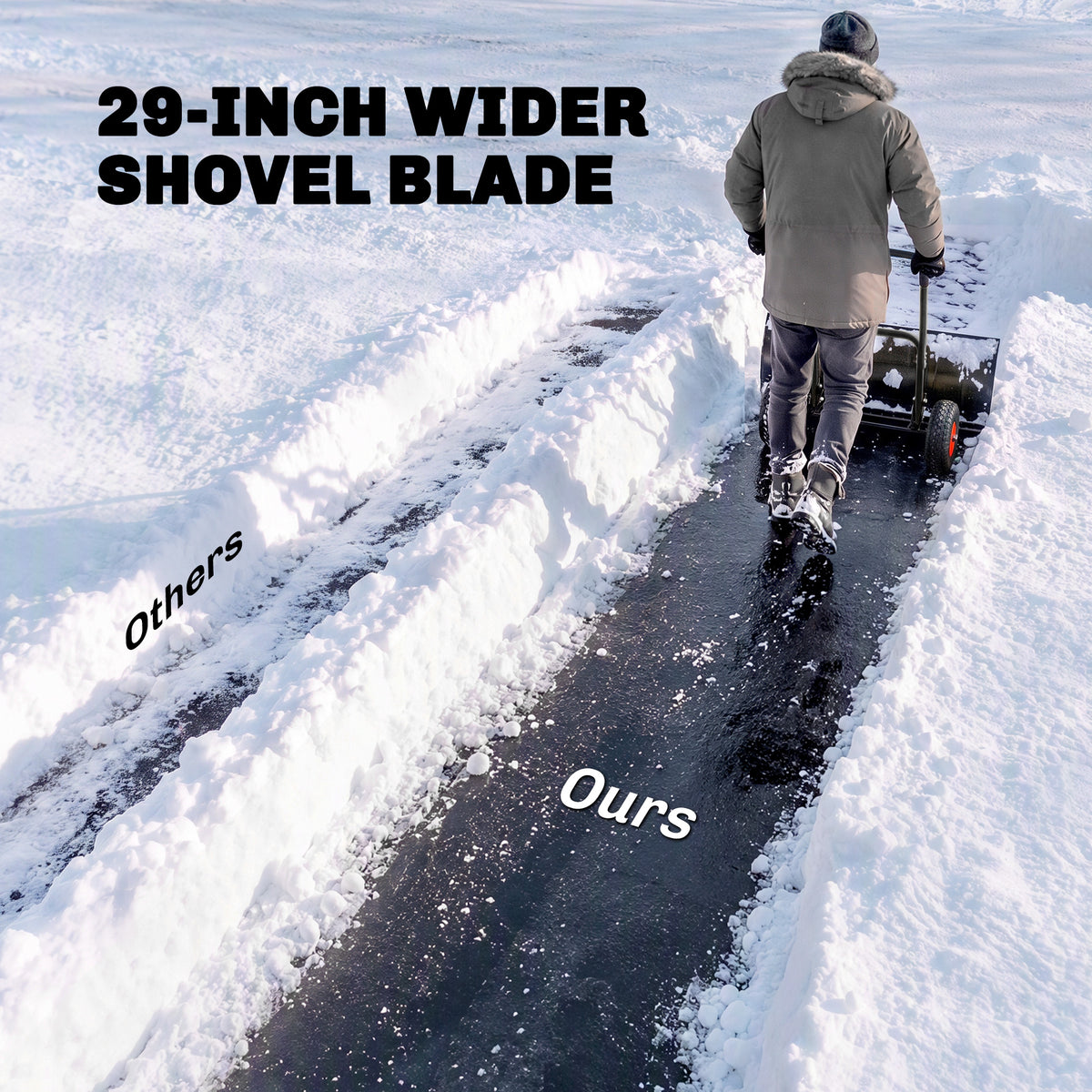 Snow Shovel with Wheels, 29" x 16.5" Metal Snow Pusher with Adjustable Handle, 5-Angle Blade for Driveway, Black