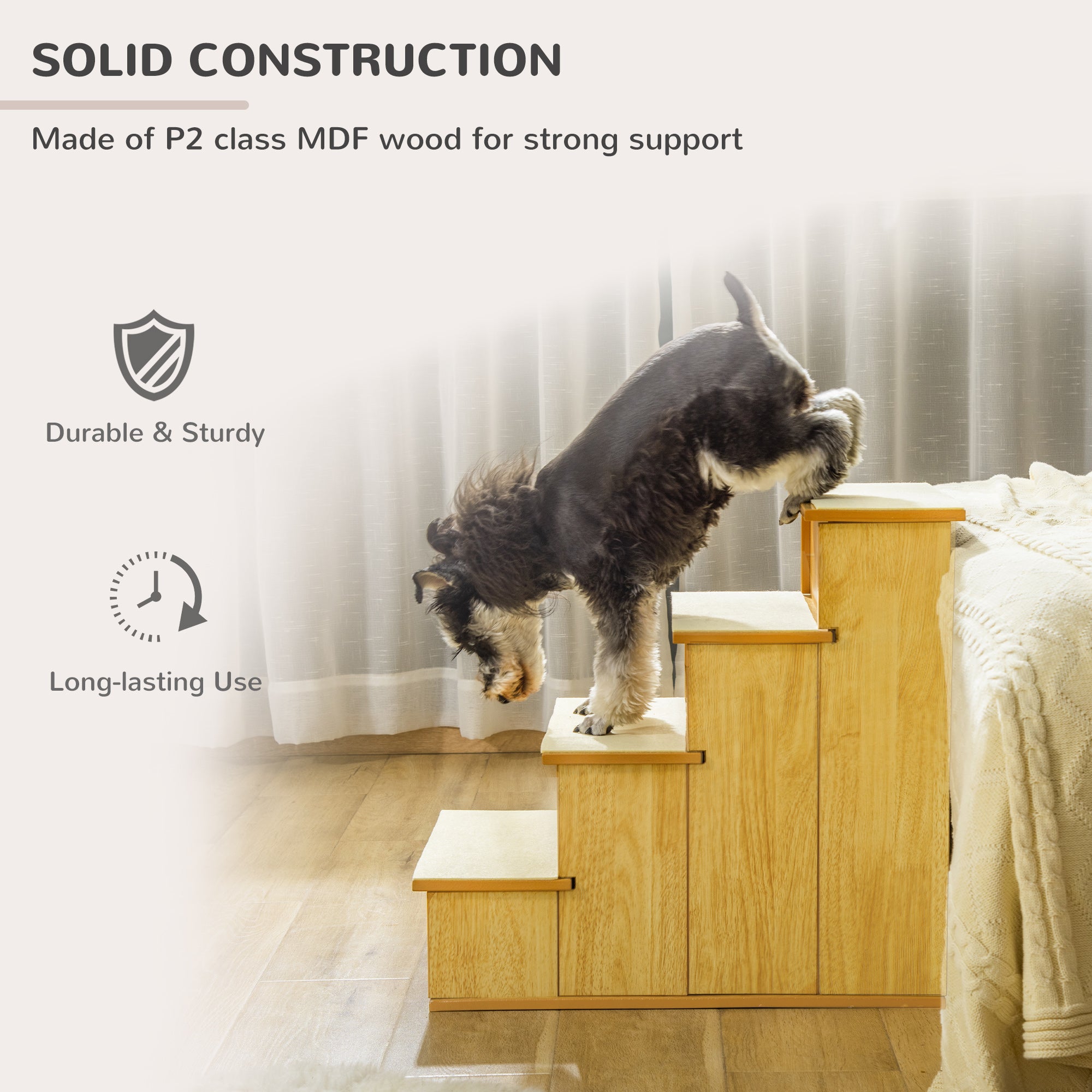 Pet Stairs, Small Pet Steps with Cushioned Removable Covering for Dogs and Cats Up To 22 lbs, Natural - Natural Wood - Image 6