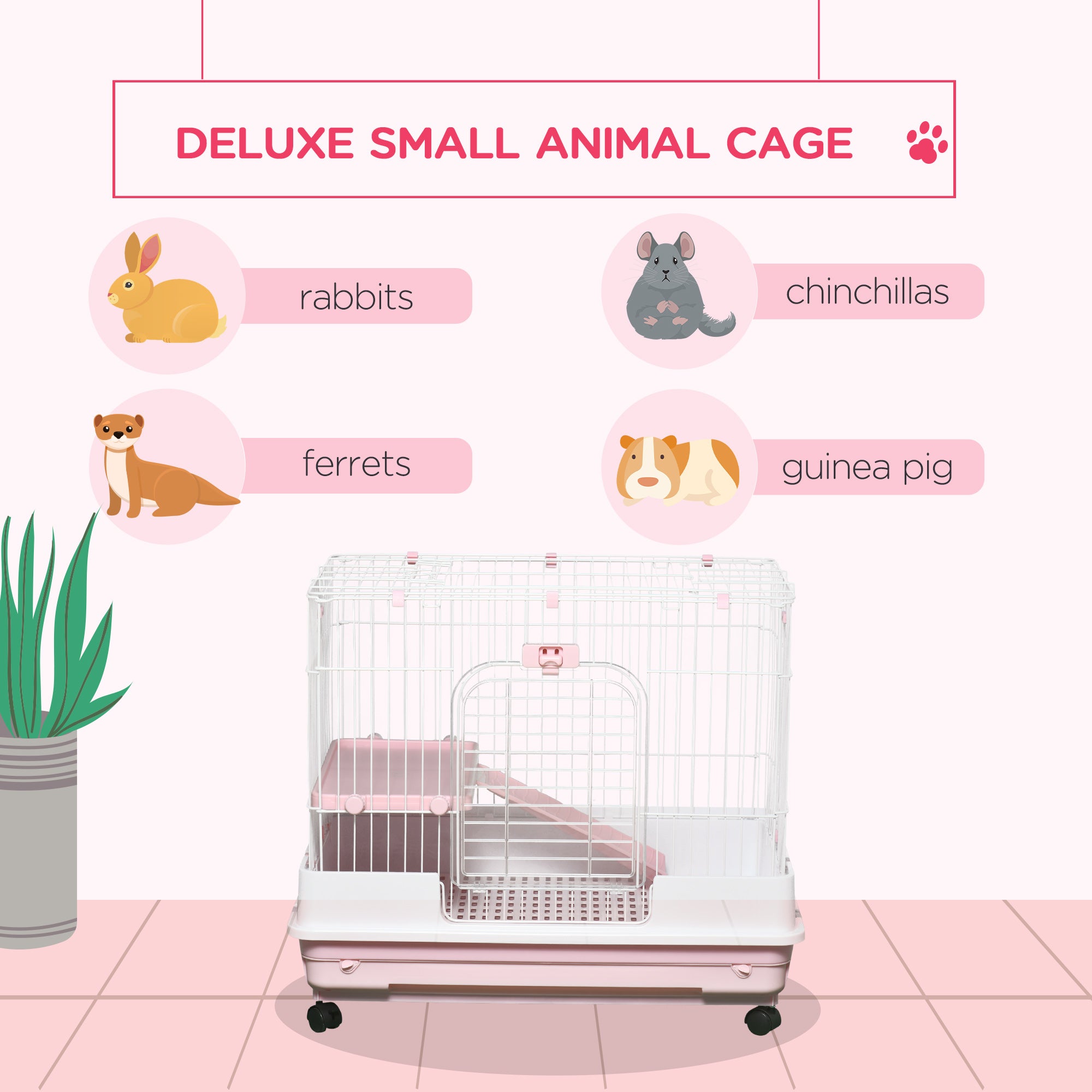 2-Level Small Animal Cage Rabbit Hutch with Wheels, Removable Tray, Platform and Ramp for Bunny, Chinchillas, Ferret, Pink - Pink - Image 4