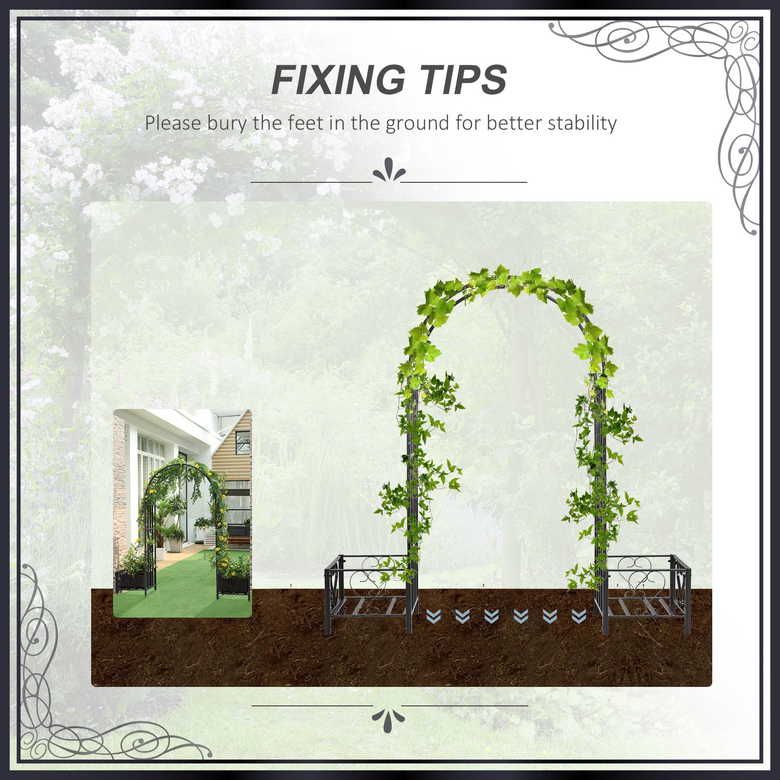 6.7' Steel Garden Arch Arbor with Scrollwork Hearts, Planter Boxes for Climbing Vines, Ceremony, Weddings, Party, Backyard, Lawn, Dark Gray - Dark Gray - Image 7