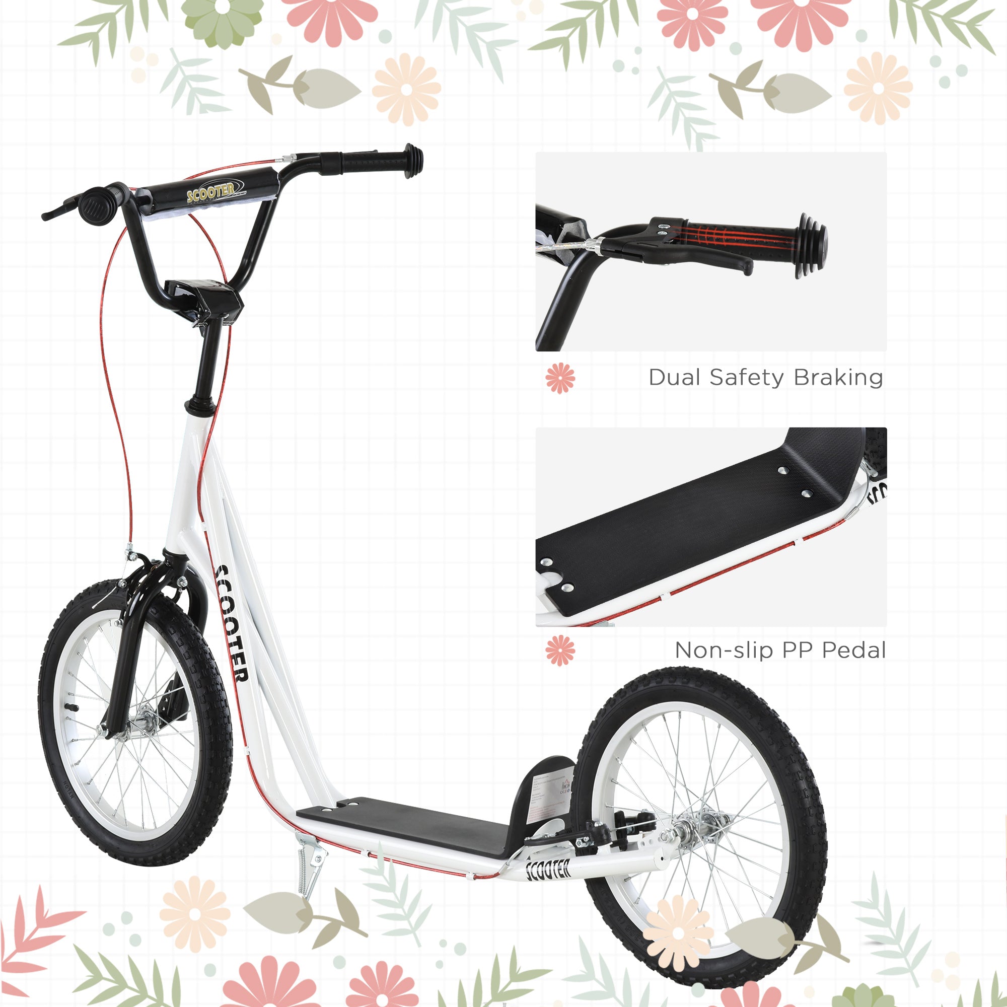 Youth Scooter Kick Scooter for Kids 5+ with Adjustable Handlebar Front and Rear Dual Brakes Inflatable Wheels, White