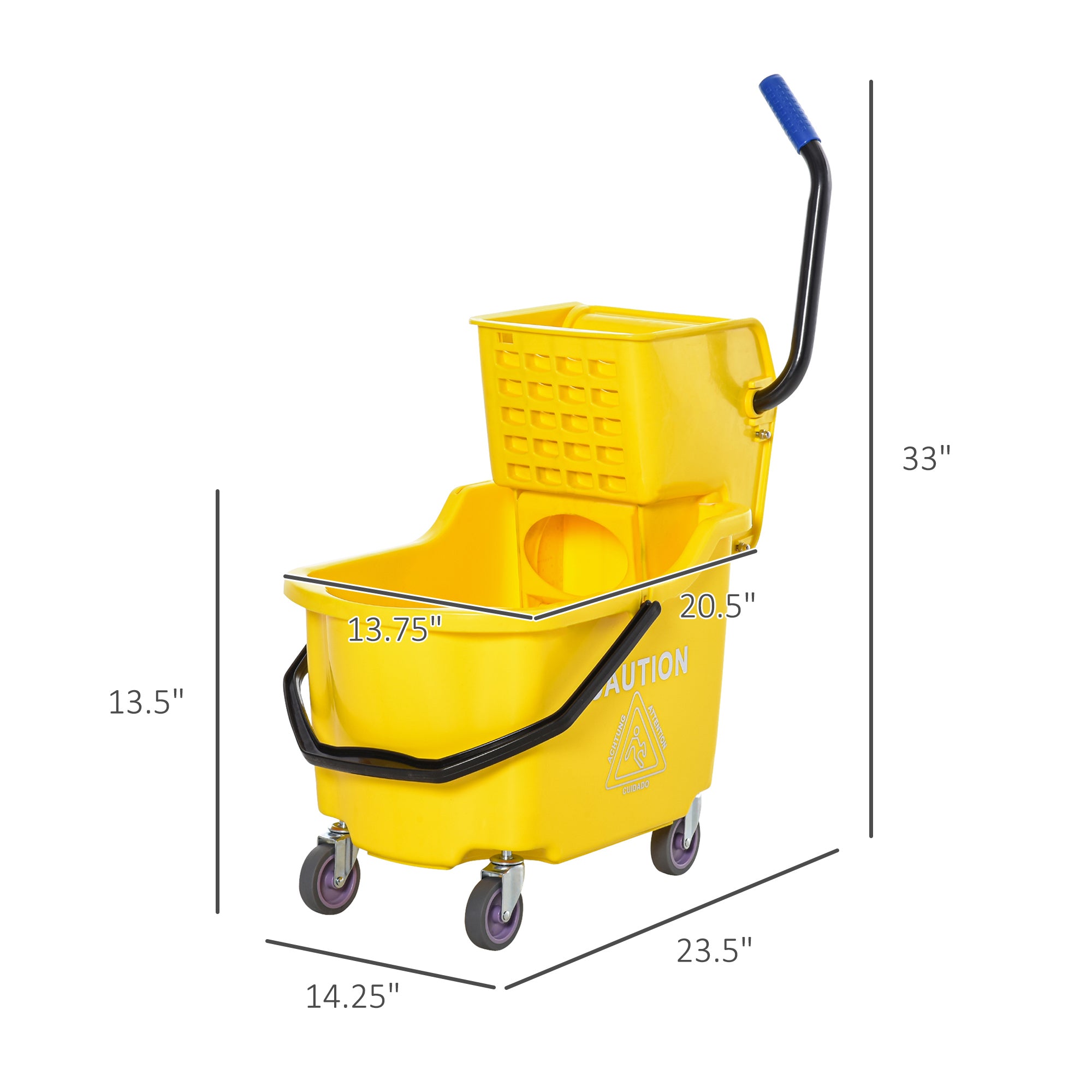 Mop Bucket Cart with Side Press Wringer, Metal Handle and 34 Quart Capacity, Yellow