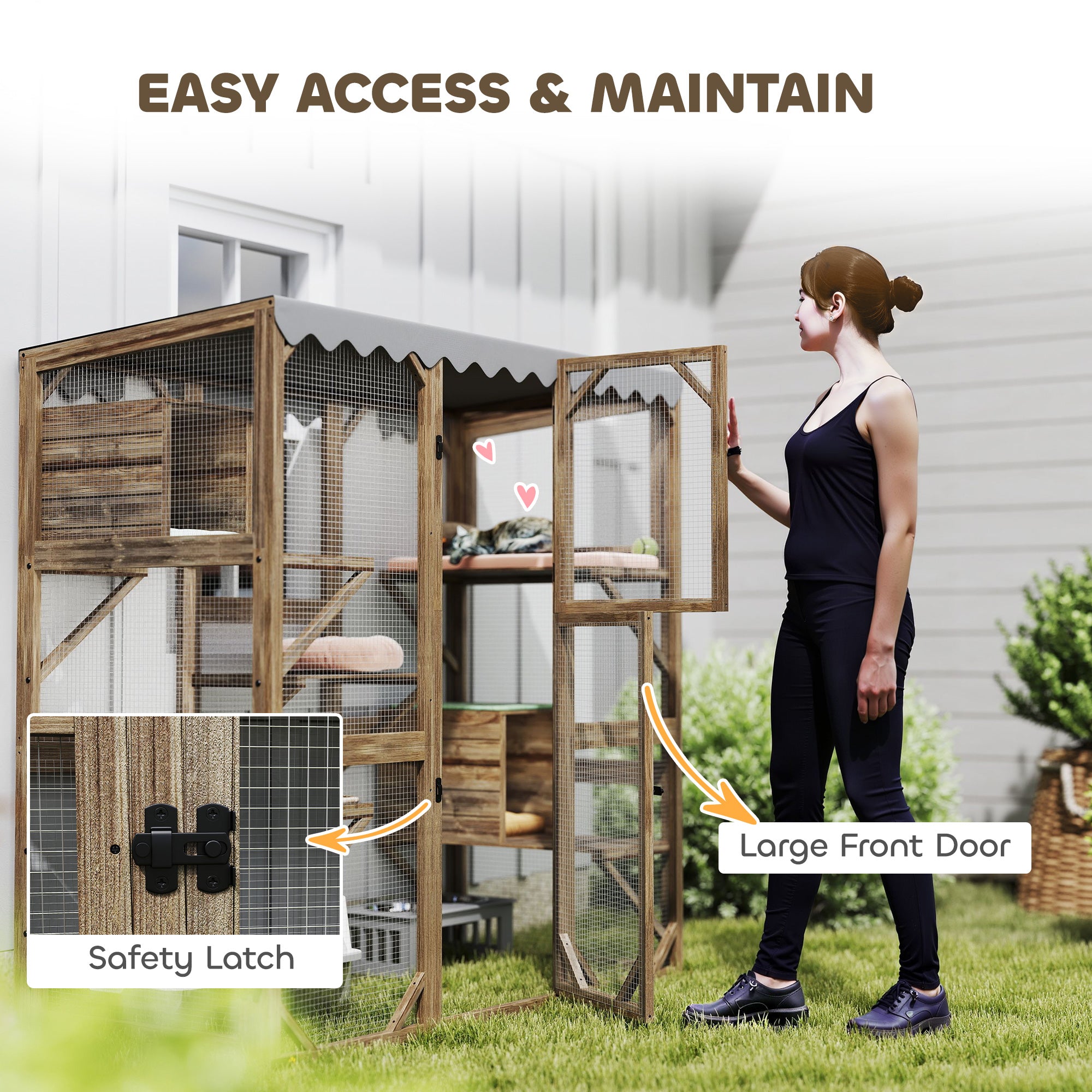 Outdoor Cat Enclosure with Window Access, 5 Platforms and 2 Resting Boxes, Waterproof Roof for Multiple Cats, Brown - Brown - Image 8