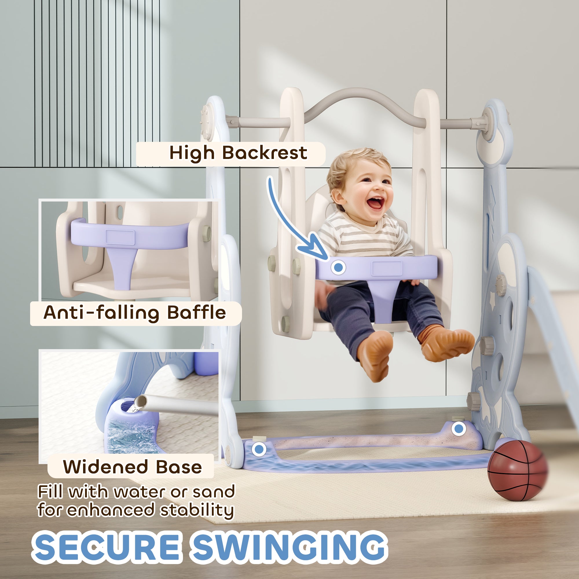 4 in 1 Toddler Slide and Swing Set for Ages 1.5-4, Toddler Playset Playground with Climber, Basketball Hoop, Light Blue