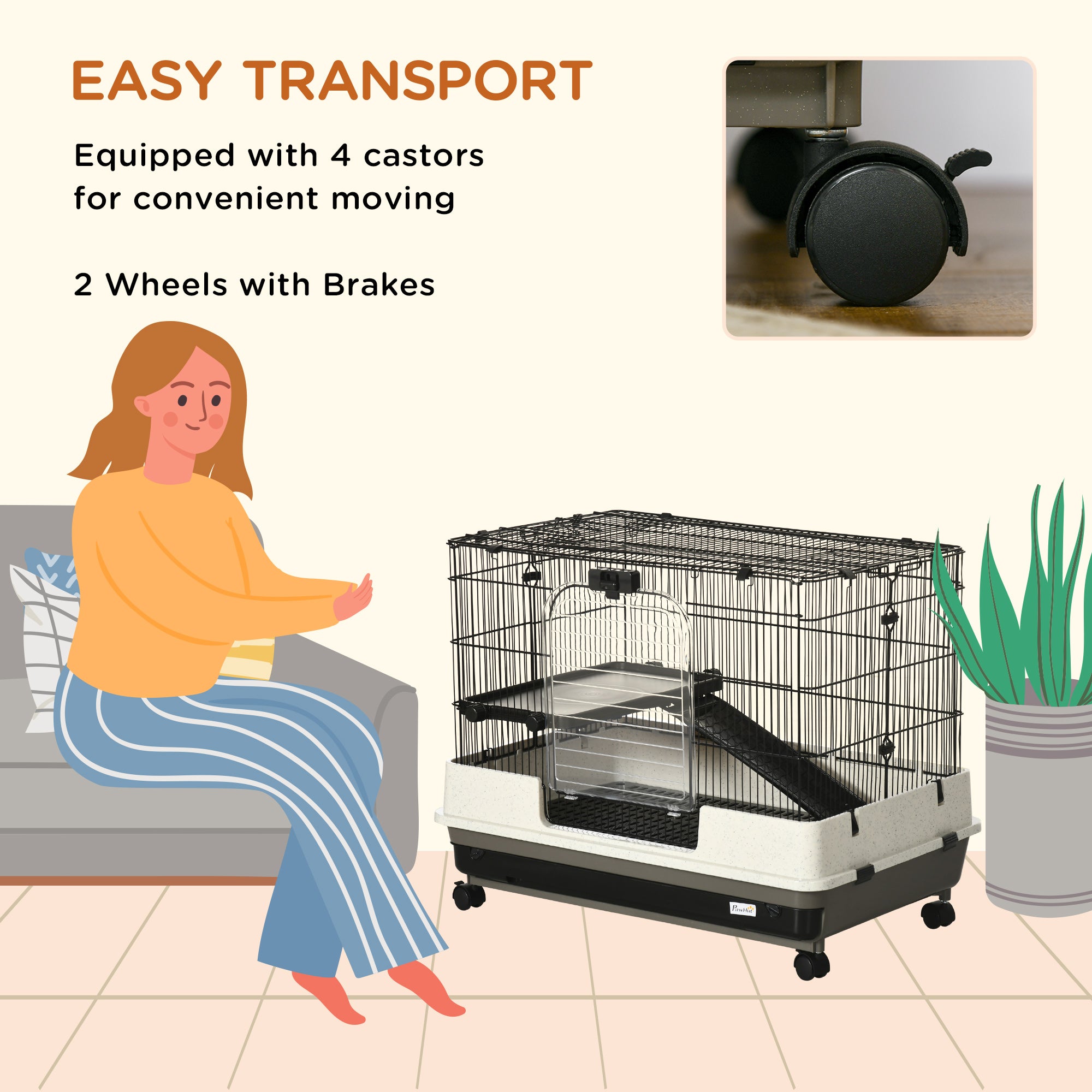 2-tier Compact Platform Rolling Small Animal Rabbit Cage for Hamsters, Chinchillas & Gerbils with a Large Living Space - Black and White - Image 6