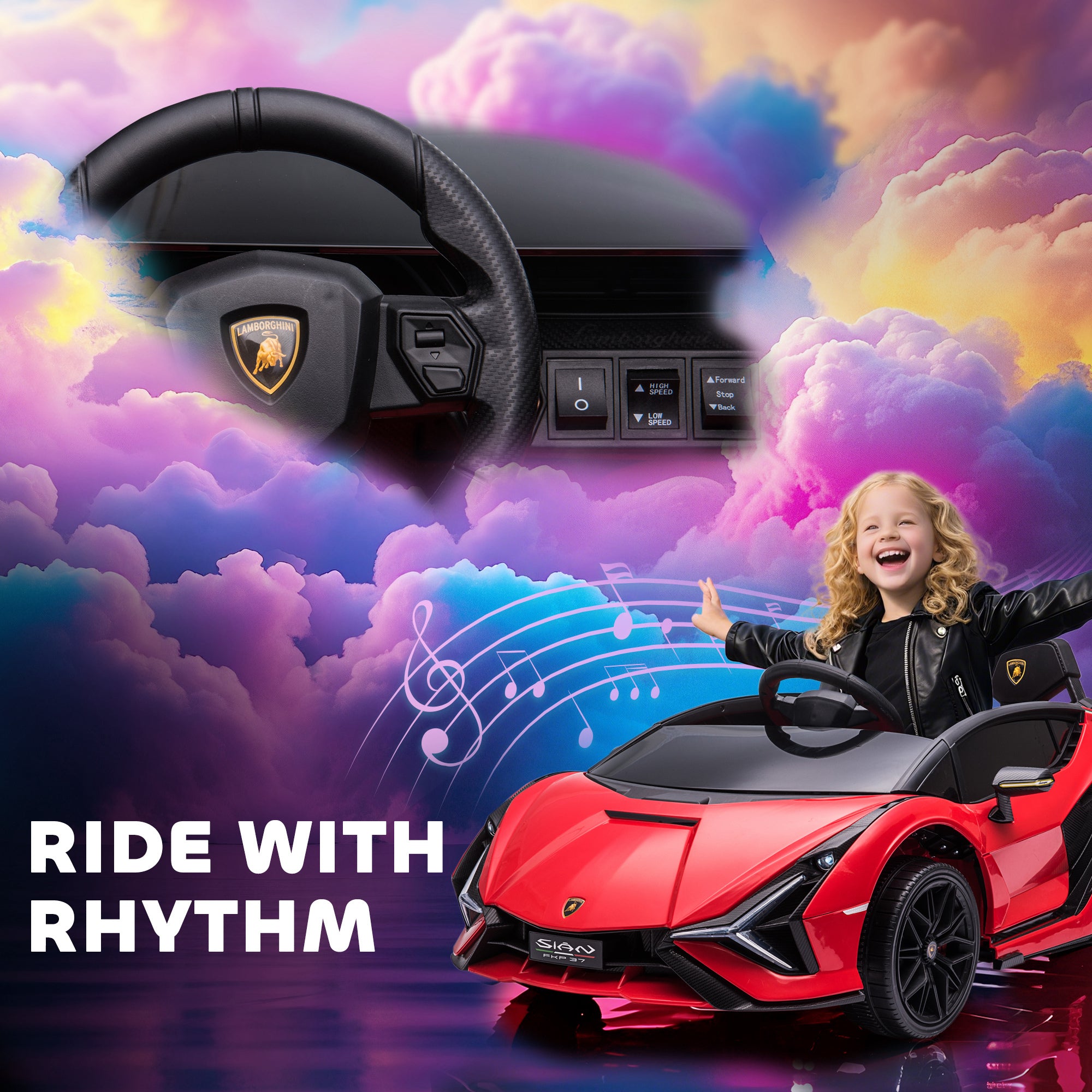 12V Lamborghini SIAN Licensed Electric Car for kids with Remote Control, Horn, Music, & Headlights, Red