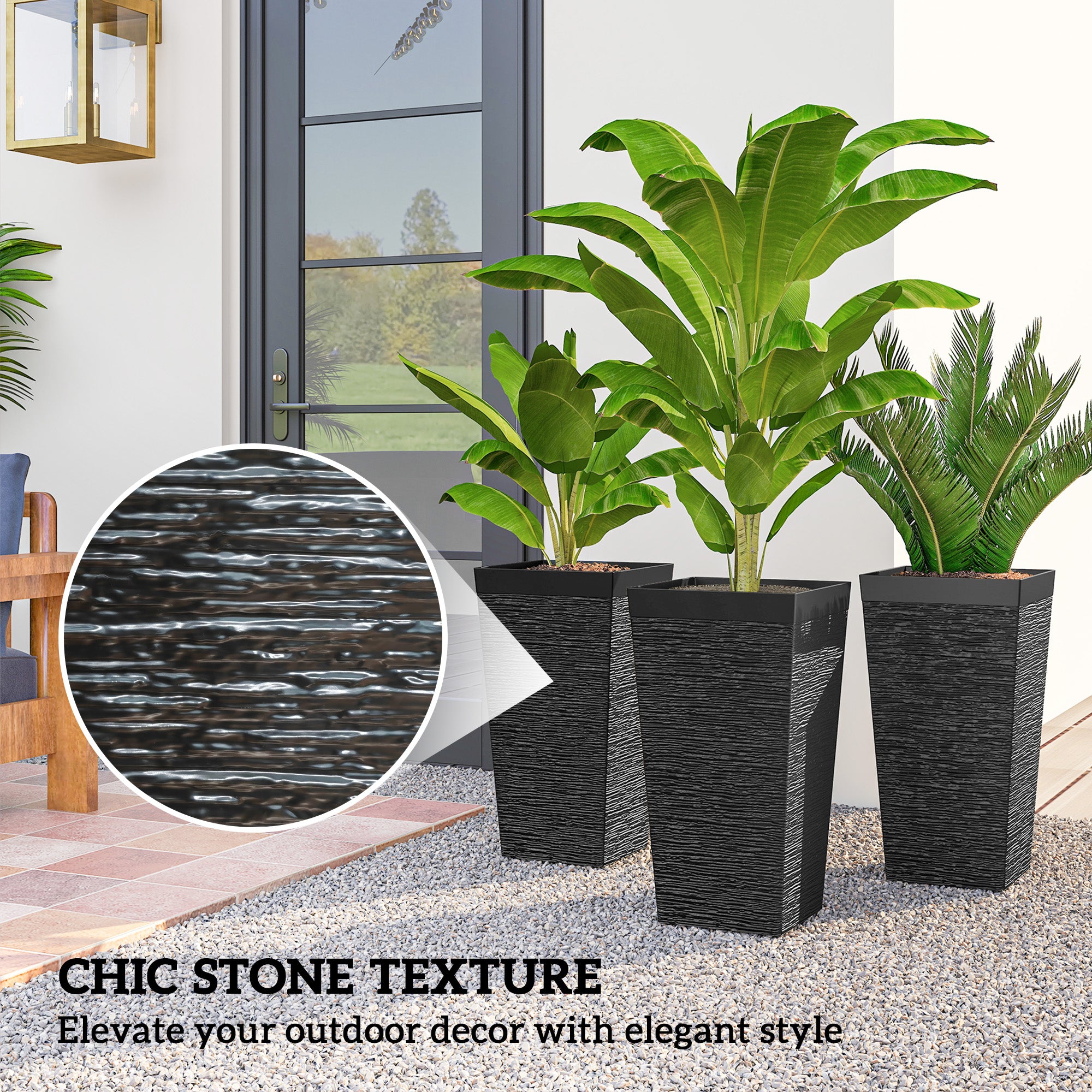 22.8 Inch Set of 3 Outdoor Planters with Stone Finish and Wheels, Stackable Tapered Planters with Drainage Hole, Black - Black - Image 5