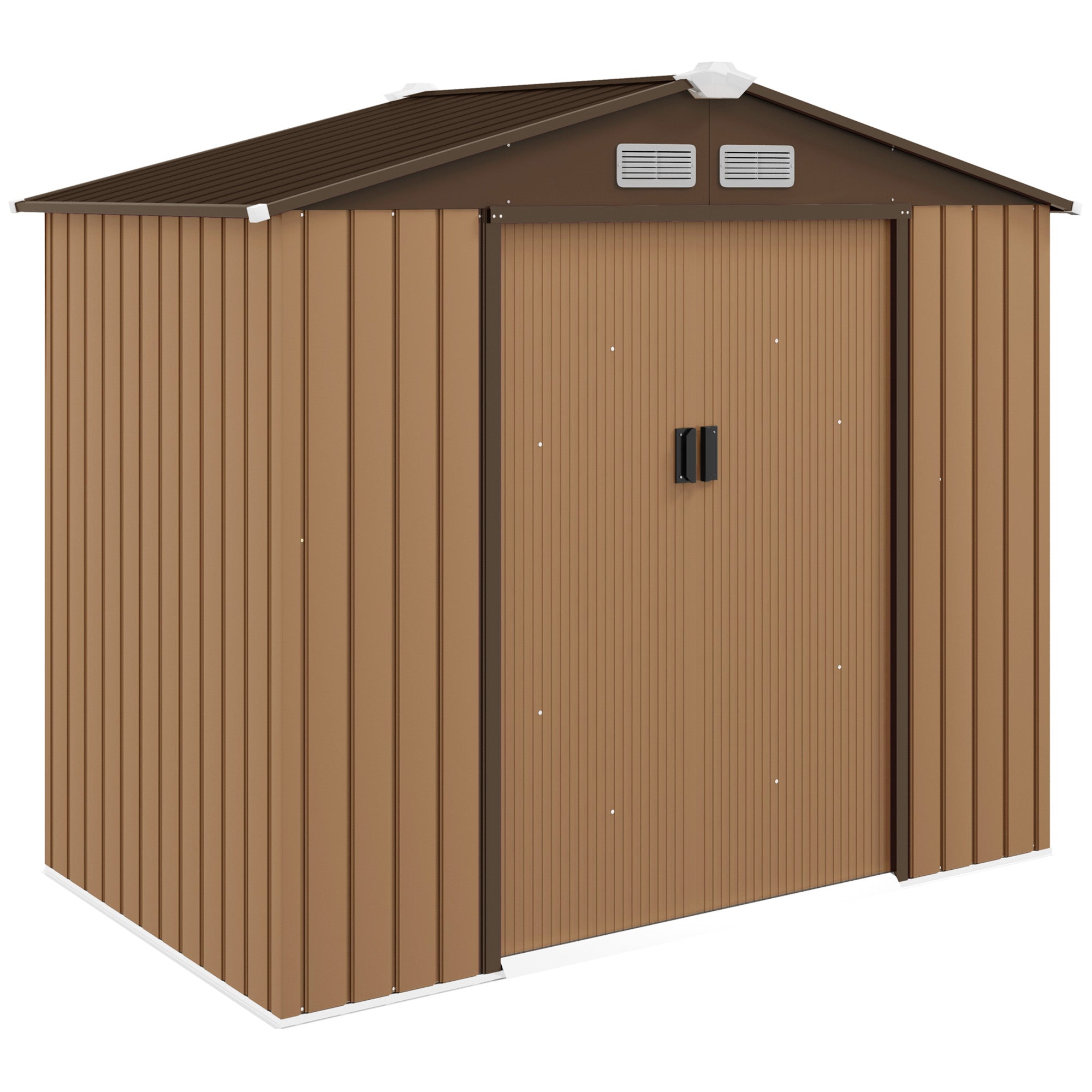 7' x 4' Outdoor Storage Shed, Garden Tool House w/ Foundation Kit Vents & Sliding Doors for Backyard Patio, Brown - Yellow