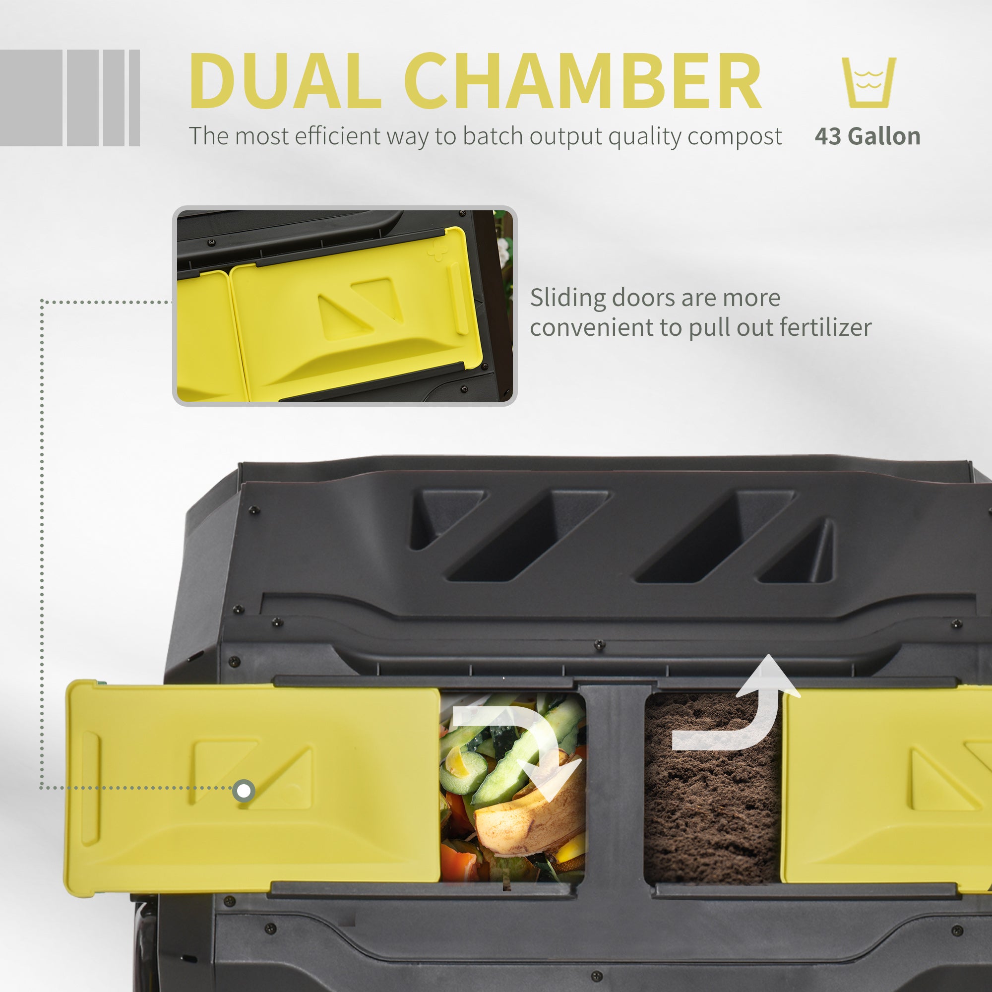 Tumbling Compost Bin Outdoor 360° Dual Chamber Rotating Composter 43 Gallon, Yellow - Yellow - Image 4