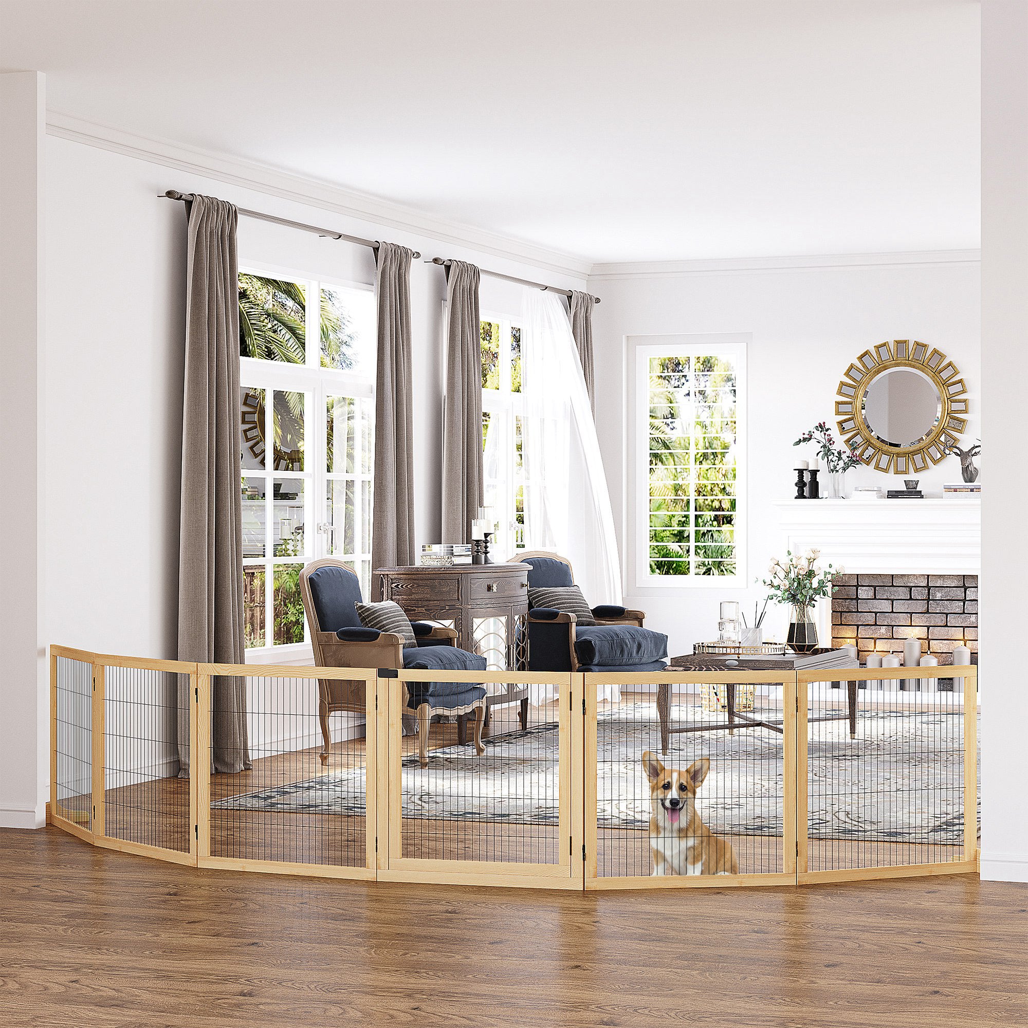 Wooden Pet Gate, 6-Panel Folding Dog Safety Barrier with Support Feet for Small & Medium Dogs, Natural Wood - Natural Wood - Image 2