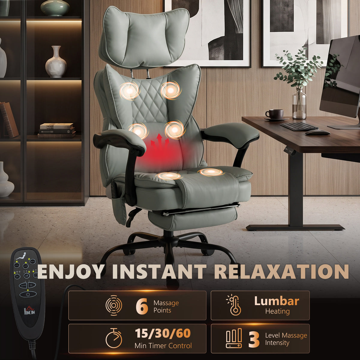 High Back Vibration Massage Office Chair, Heated Reclining PU Leather Computer Chair with Headrest, Gray