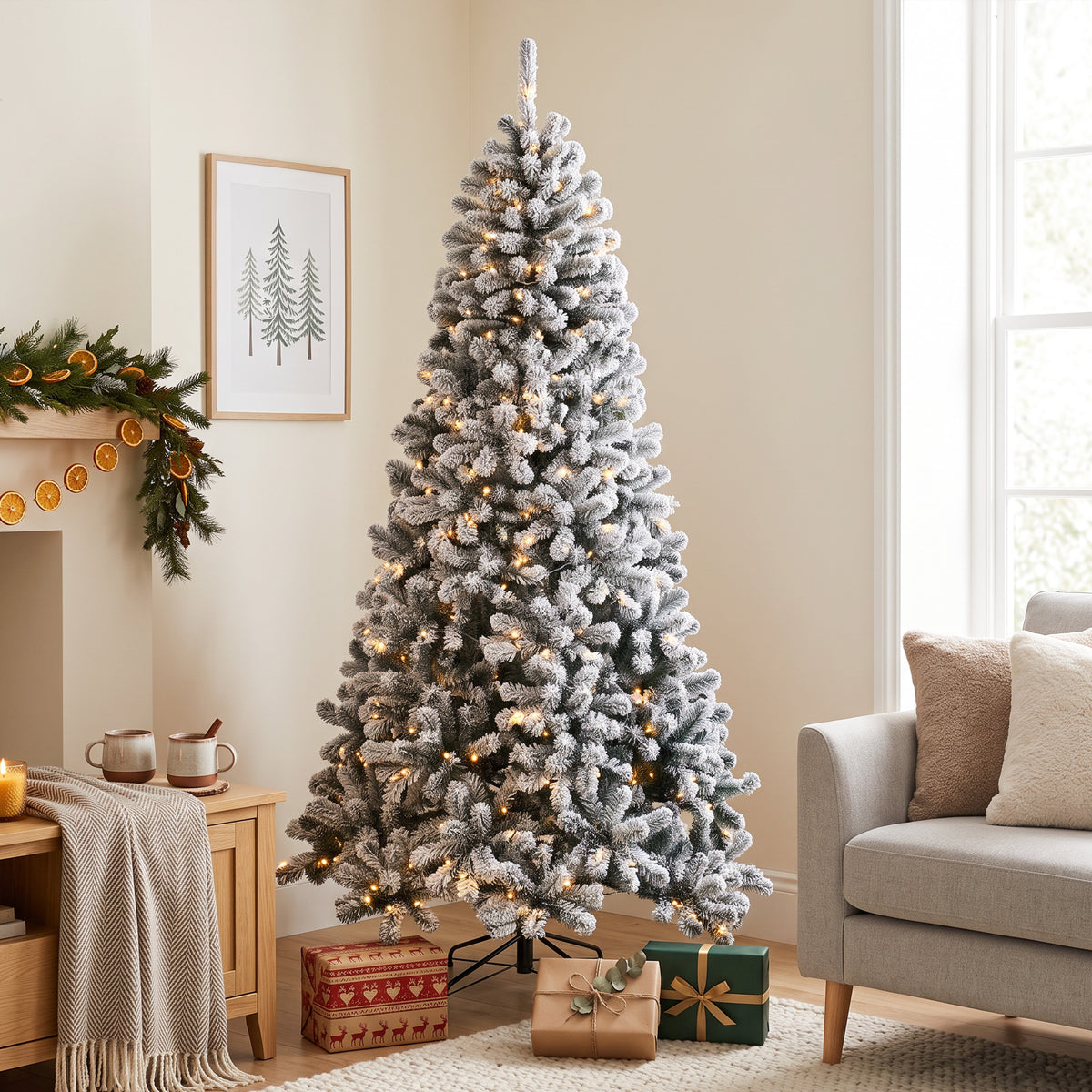 7.5ft Flocked Prelit Christmas Tree, Northern Pine, Artificial Xmas Tree with Curved Tips, LEDs