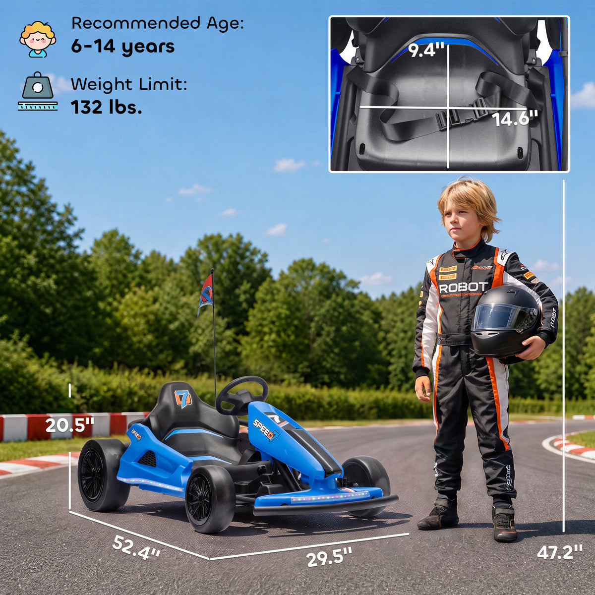 24V Electric Drift Go Kart for Kids with Dual Motors, Soft Start, PU Wheels, 7.5MPH High Speed, for Ages 6-14, Blue