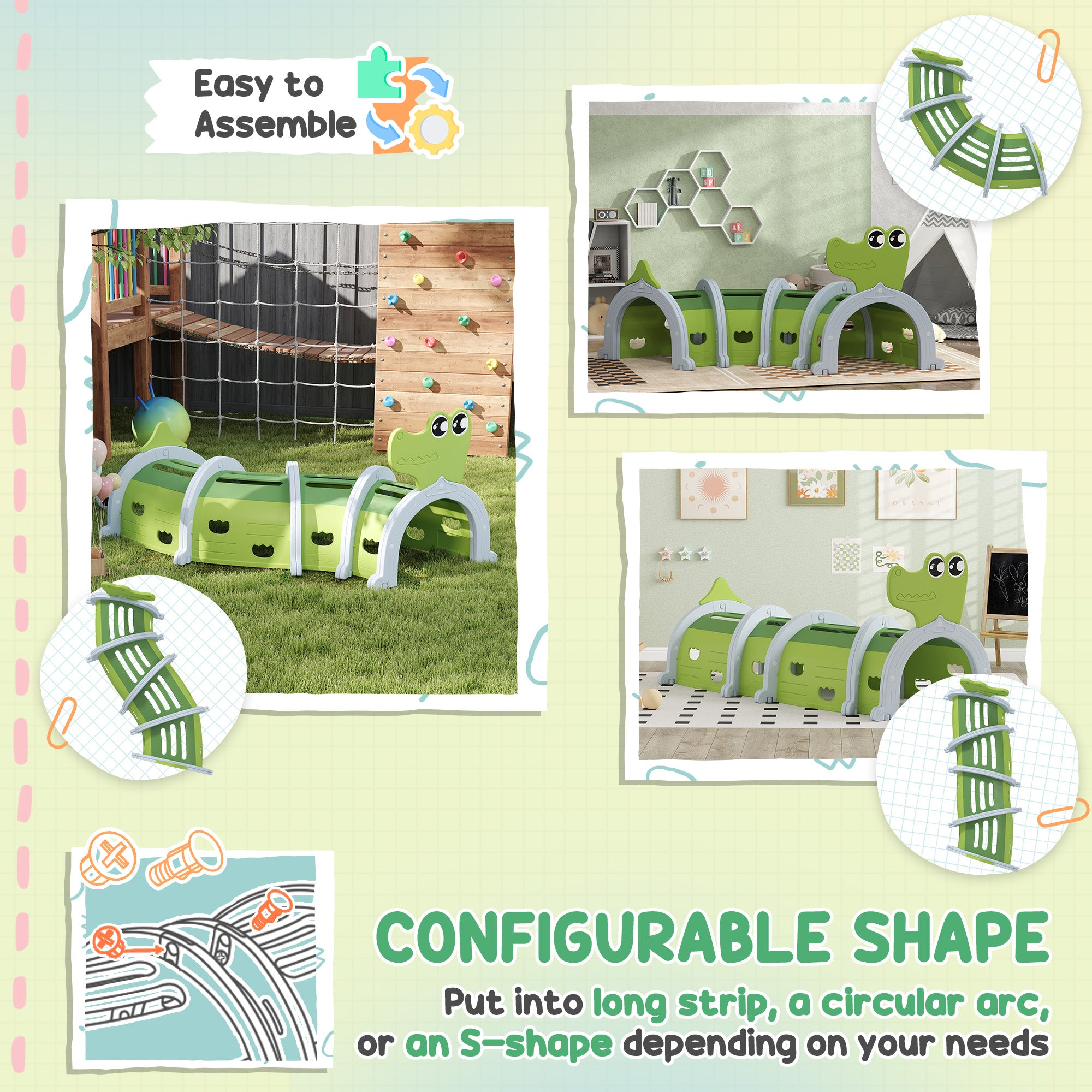 Crocodile Design Kids Play Tunnel for Kids to Crawl Through, 76" Long