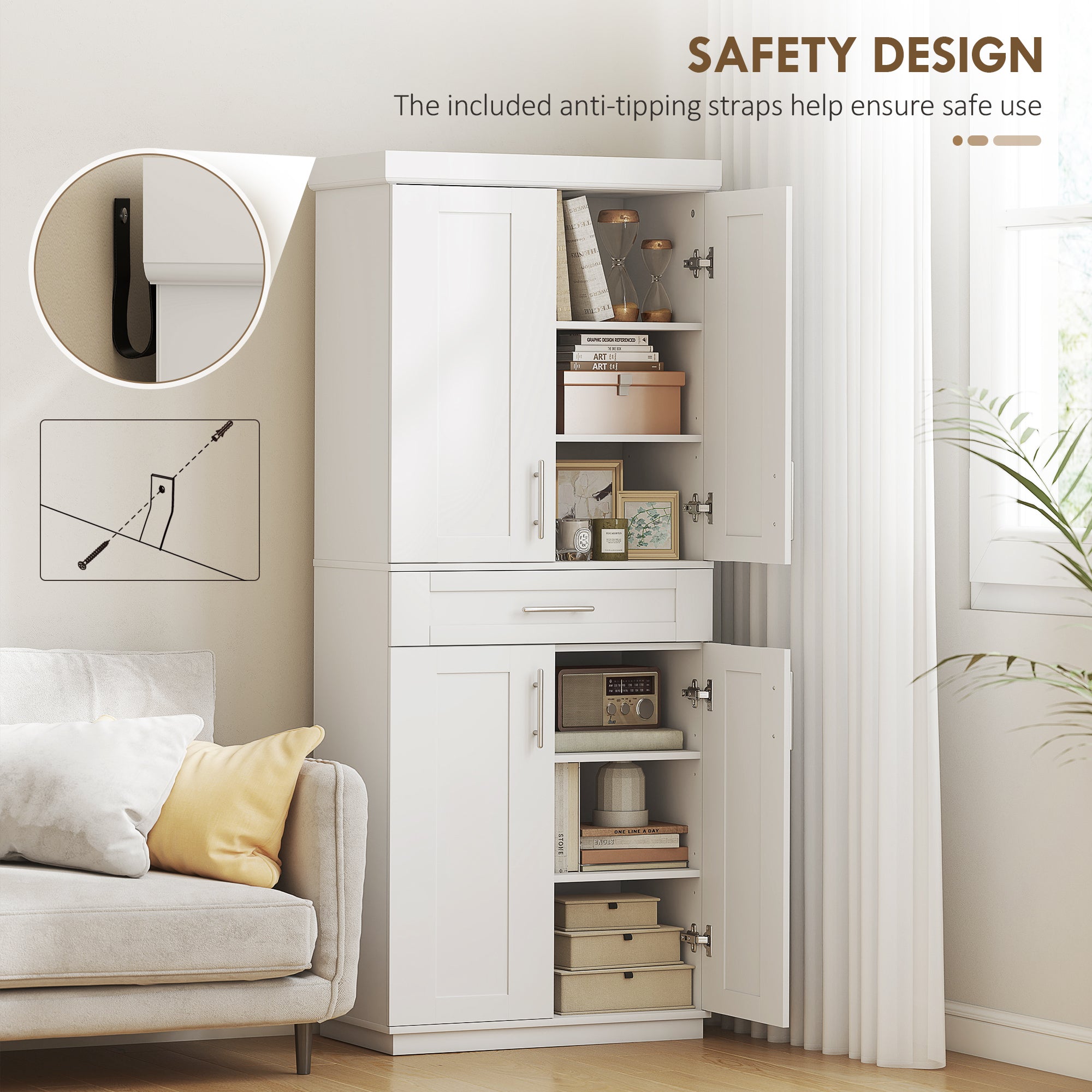 Modern Kitchen Pantry Freestanding Cabinet Cupboard with Doors and Drawer, Adjustable Shelving, White