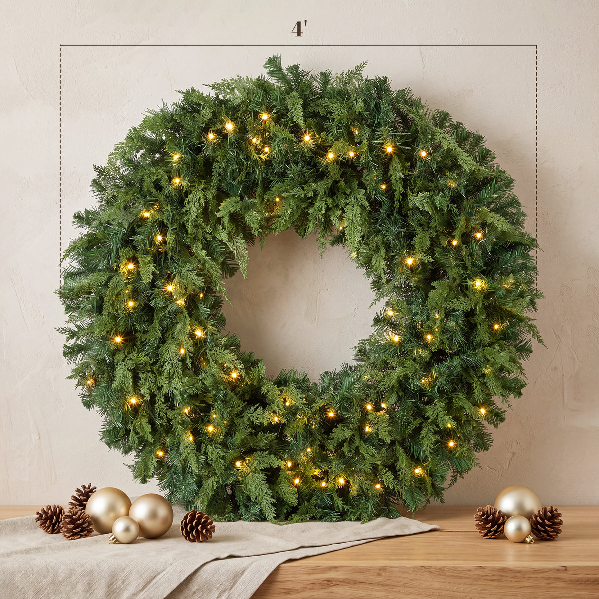 48" Prelit Crestwood Spruce Artificial Christmas Wreath, Christmas Decor with Bow, LEDs, 8 Modes, Realistic Tips