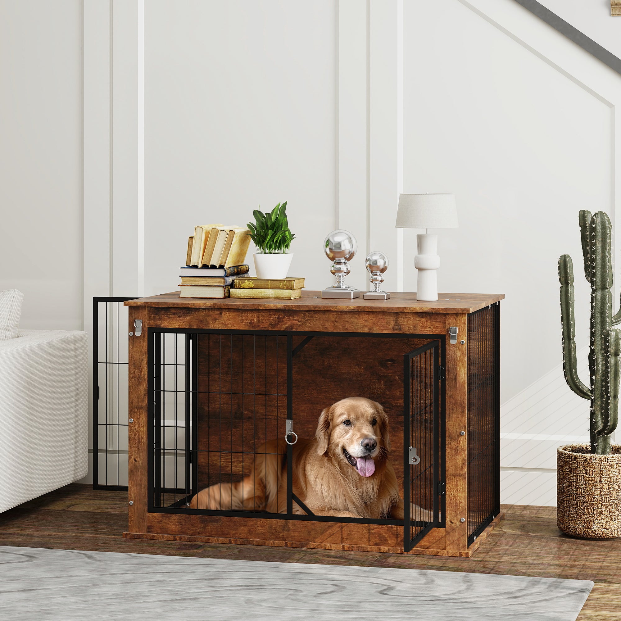 39" Dog Crate Furniture with Flip-up Top Opening, 2 Doors, Dog Kennel Furniture for Large Dogs, Rustic Brown - Rustic Brown - Image 2