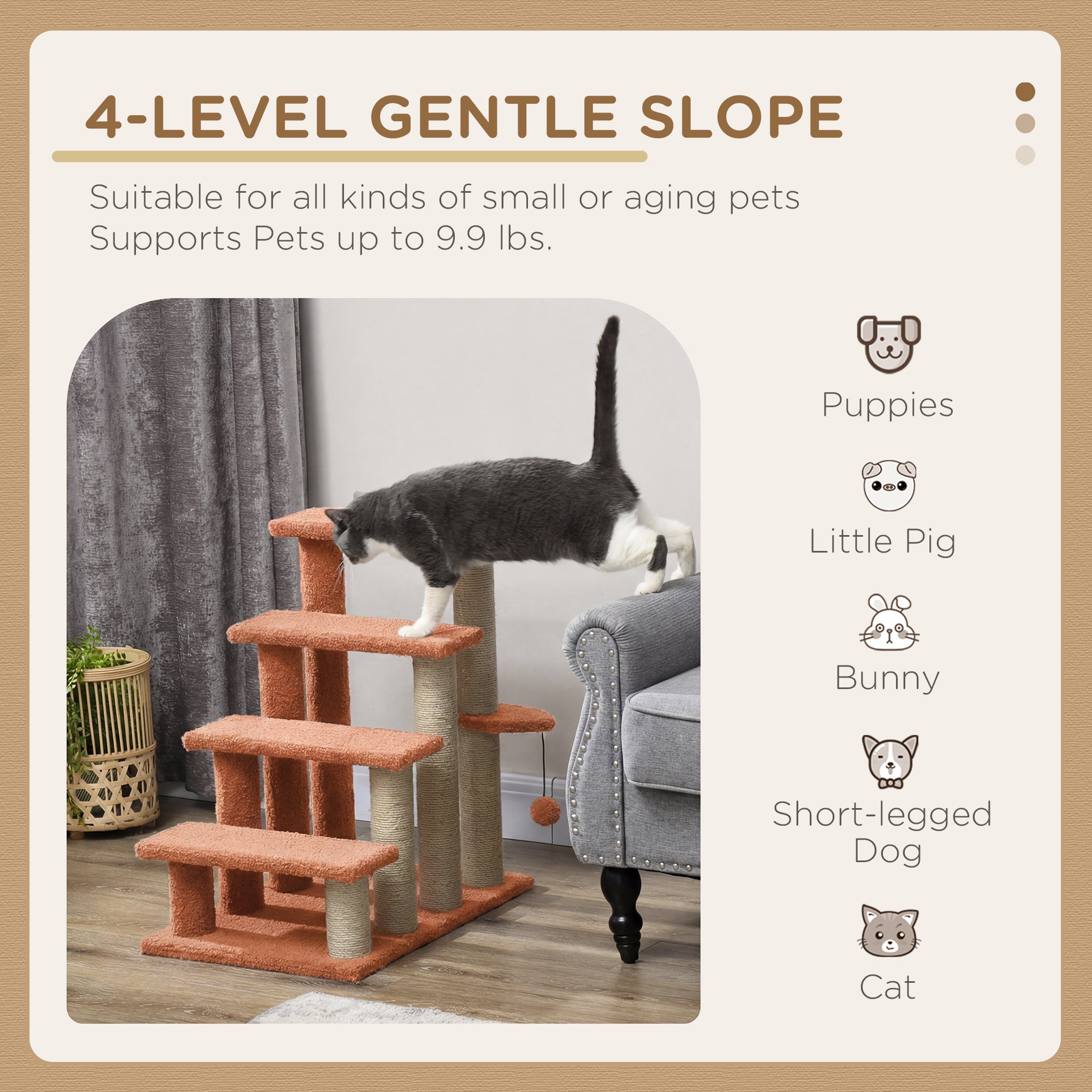4 Levels Cat Steps with Scratching Posts for High Bed, Sofa, Brown - Brown - Image 4