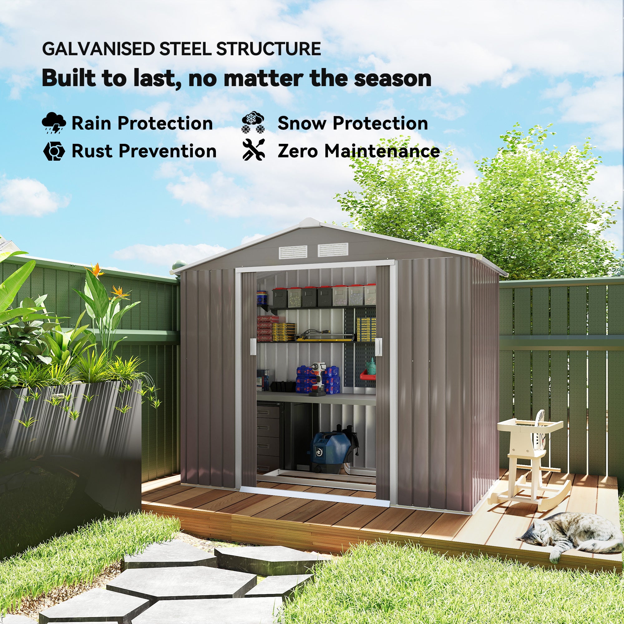7' x 4' x 6' Outdoor Storage Shed Metal Garden Tool Storage Shed with Sloped Roof - Gray / White - Gray - Image 4
