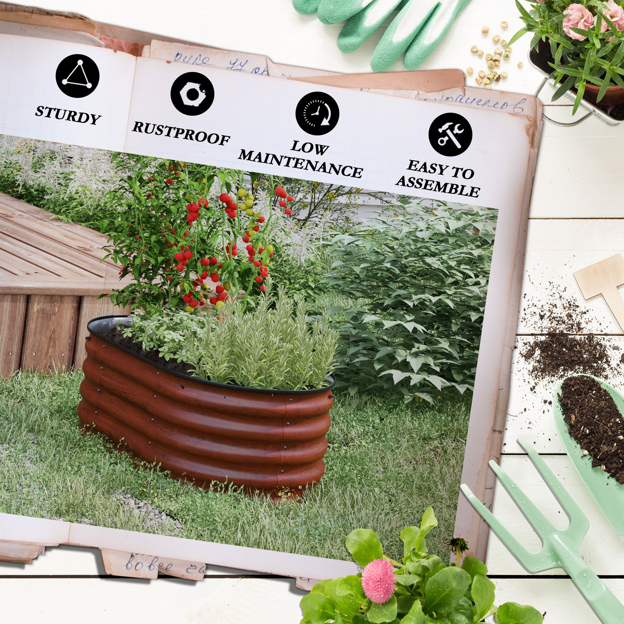 3.4' x 2' x 1.4' Galvanized Raised Garden Bed Kit, Metal Planter Box with Safety Edging, Brown - Brown - Image 7
