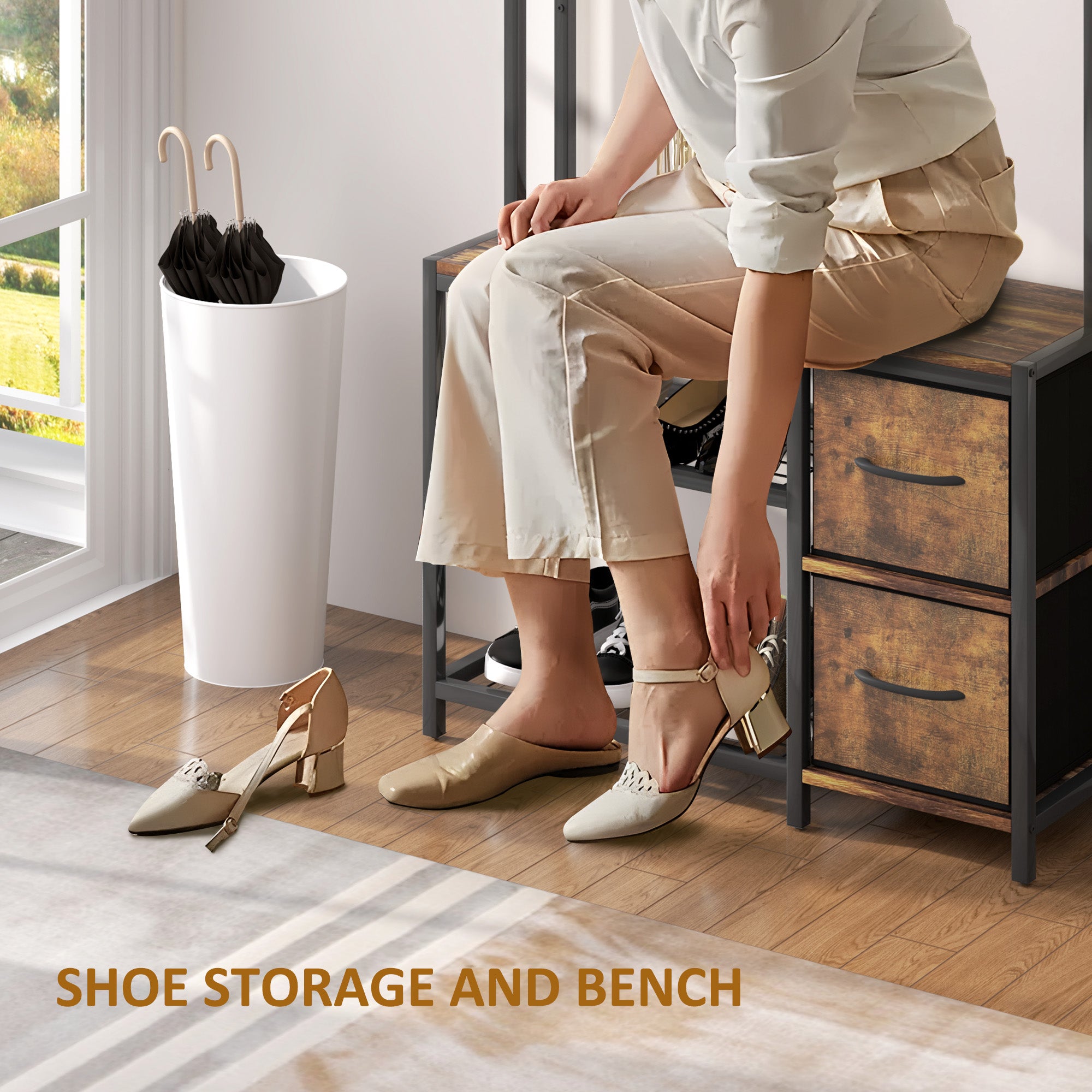 Hall Tree with Bench and Shoe Storage, 5-in-1 Entryway Bench with Coat Rack, 3 Storage Shelves, 2 Fabric Drawers, Brown