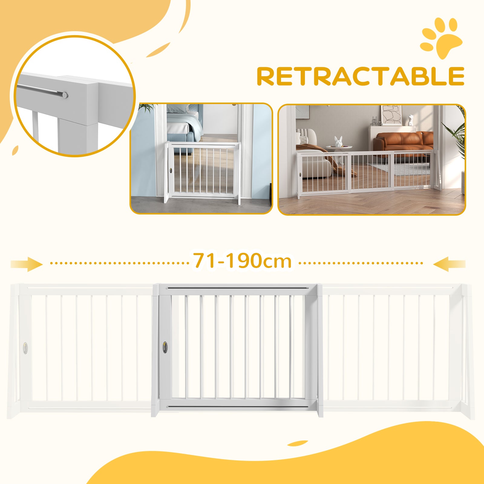 28"-75" Freestanding Wooden Pet Gate with Support Feet & Non-Slip Mats for Indoor, Stairway, Doorway, White - White - Image 5