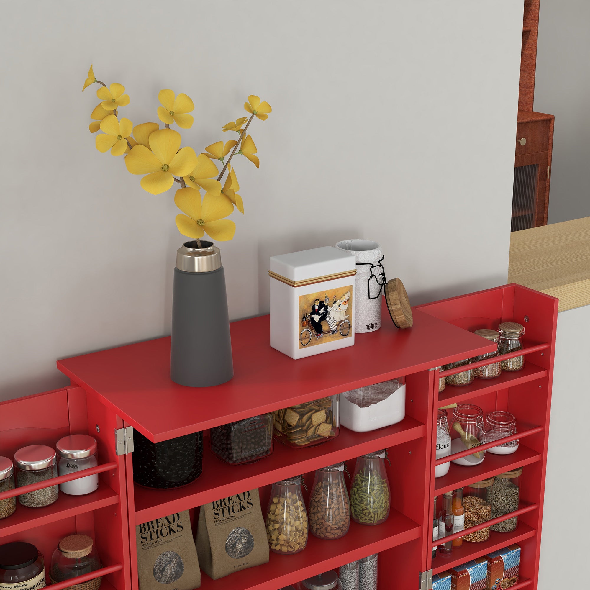Kitchen Sideboard Cabinet, Large Kitchen Storage Cabinet w/ Double Doors & 5-tier Shelving for Home, Dining Room, Red