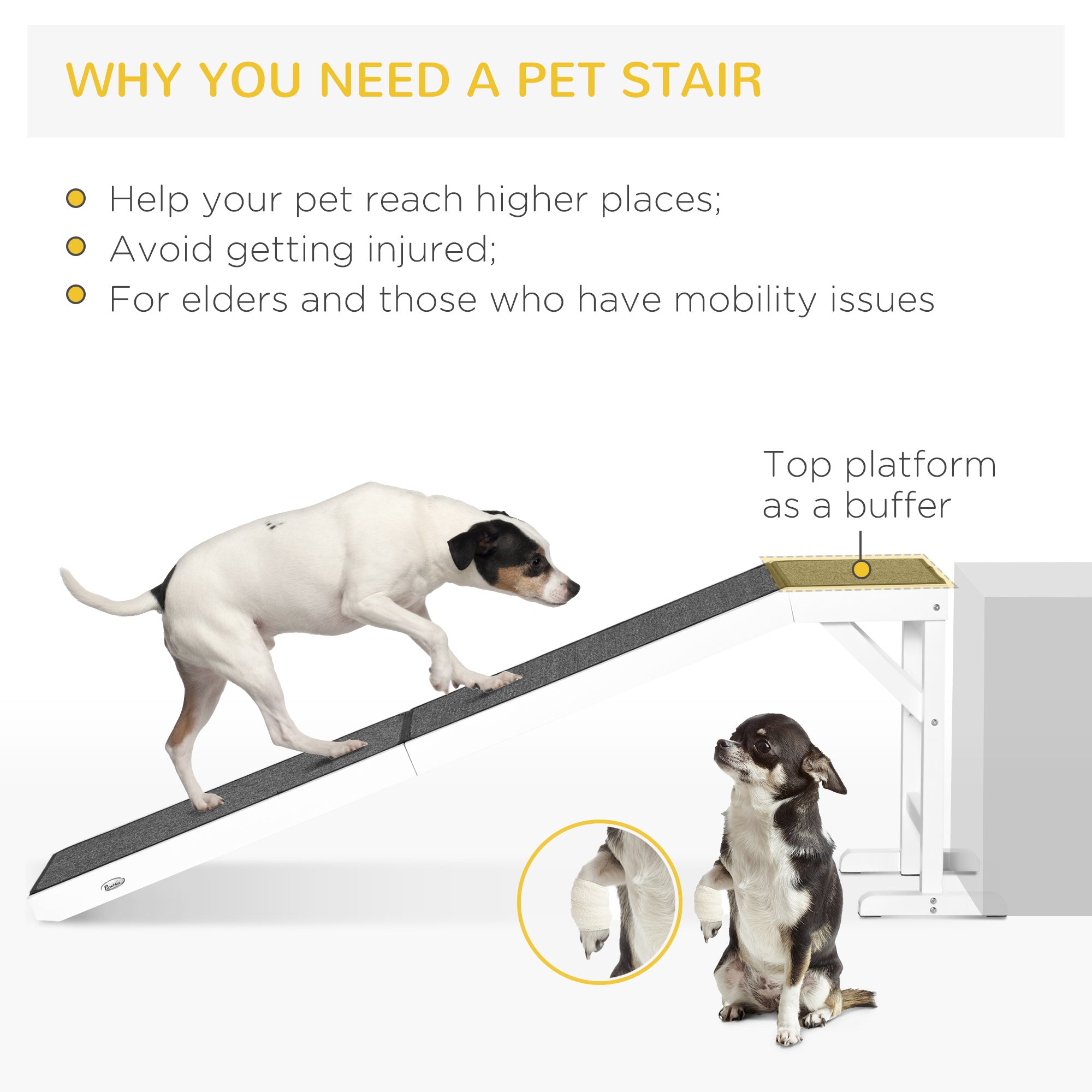 Dog Ramp Foldable with Non-slip Carpet Top Platform, Gray, White - White - Image 4