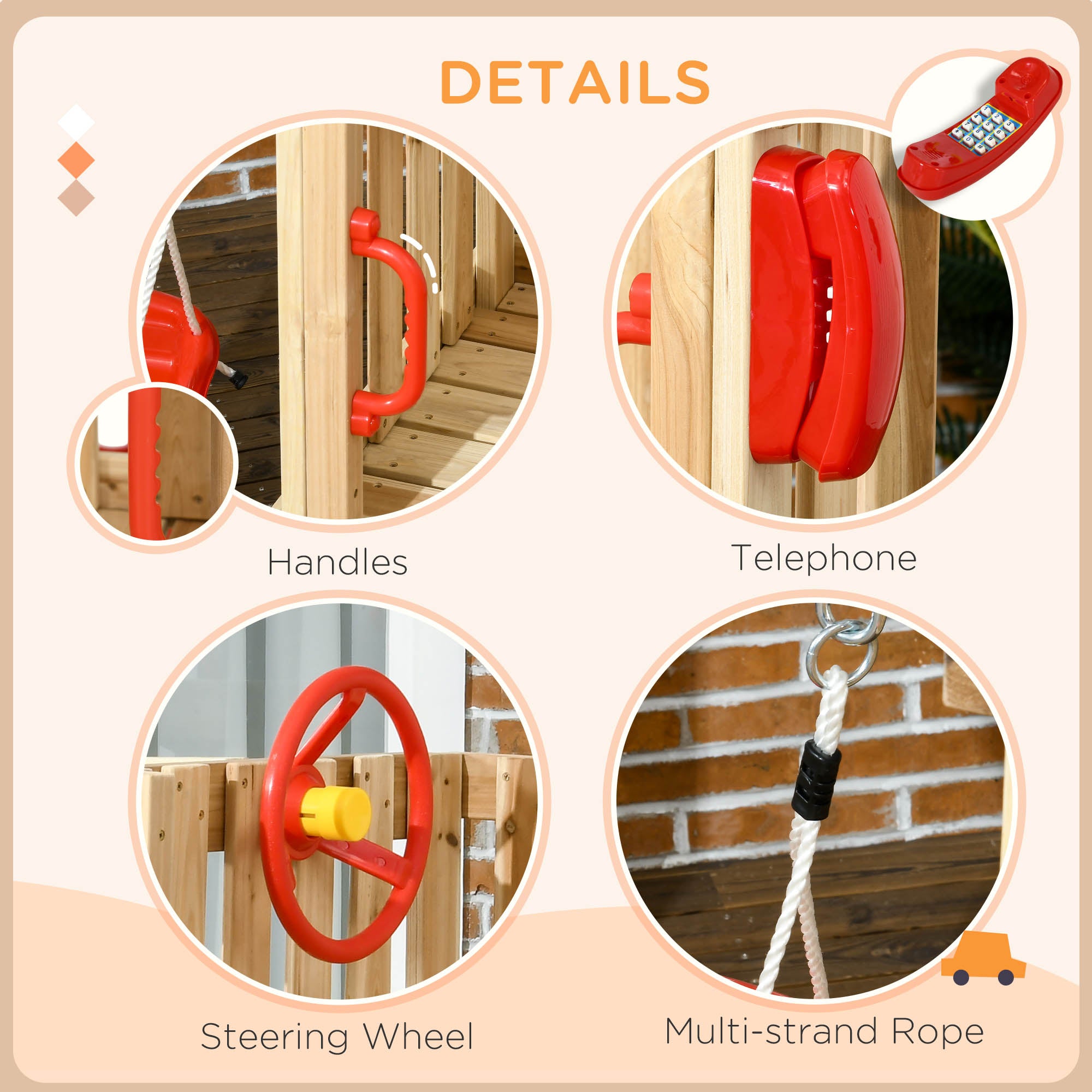 4-in-1 Wooden Swing Set with Swing, Slide, Horn, Steering Wheel, Red